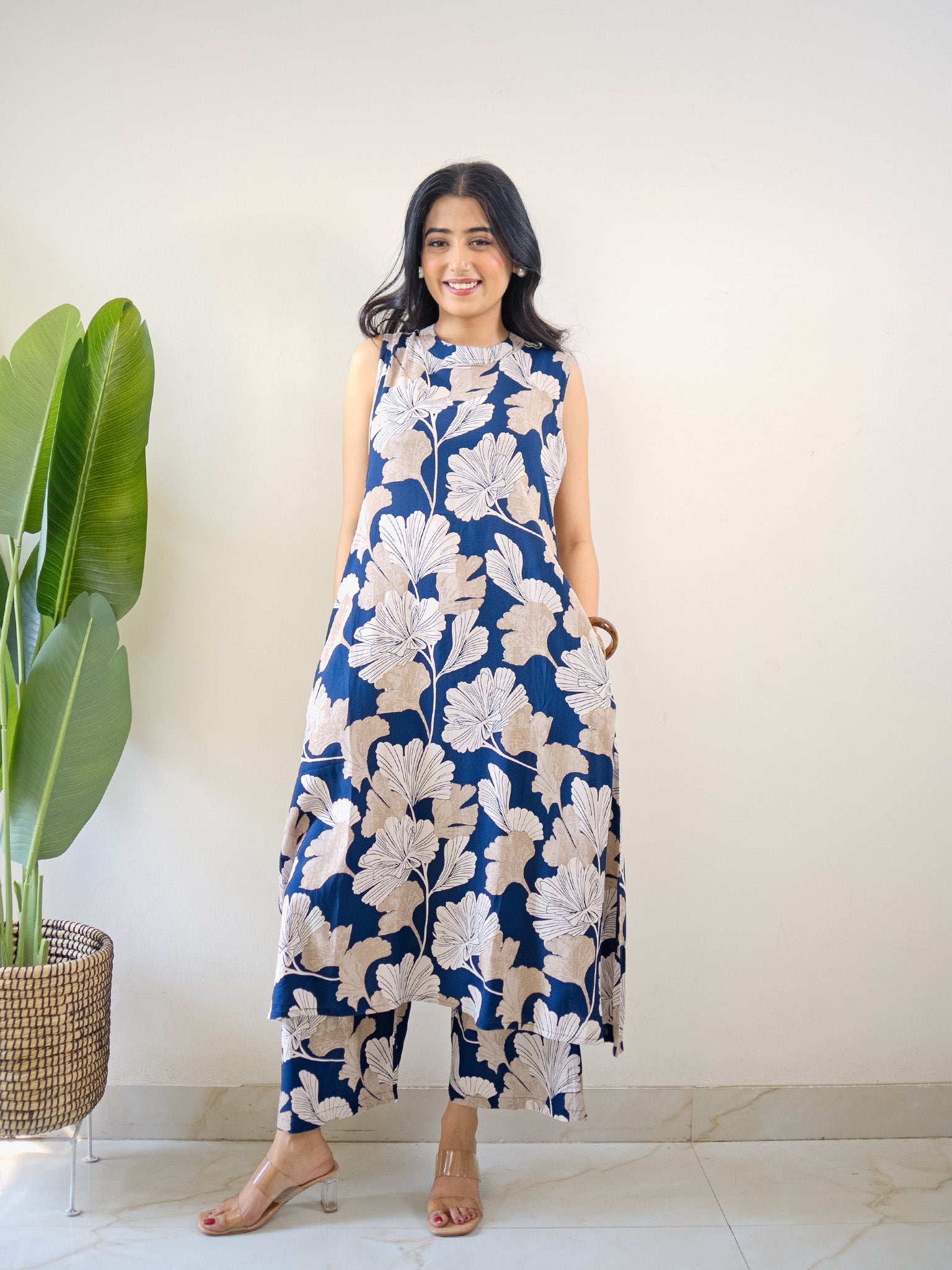 Hita Blue Floral Print A-line Coord Set