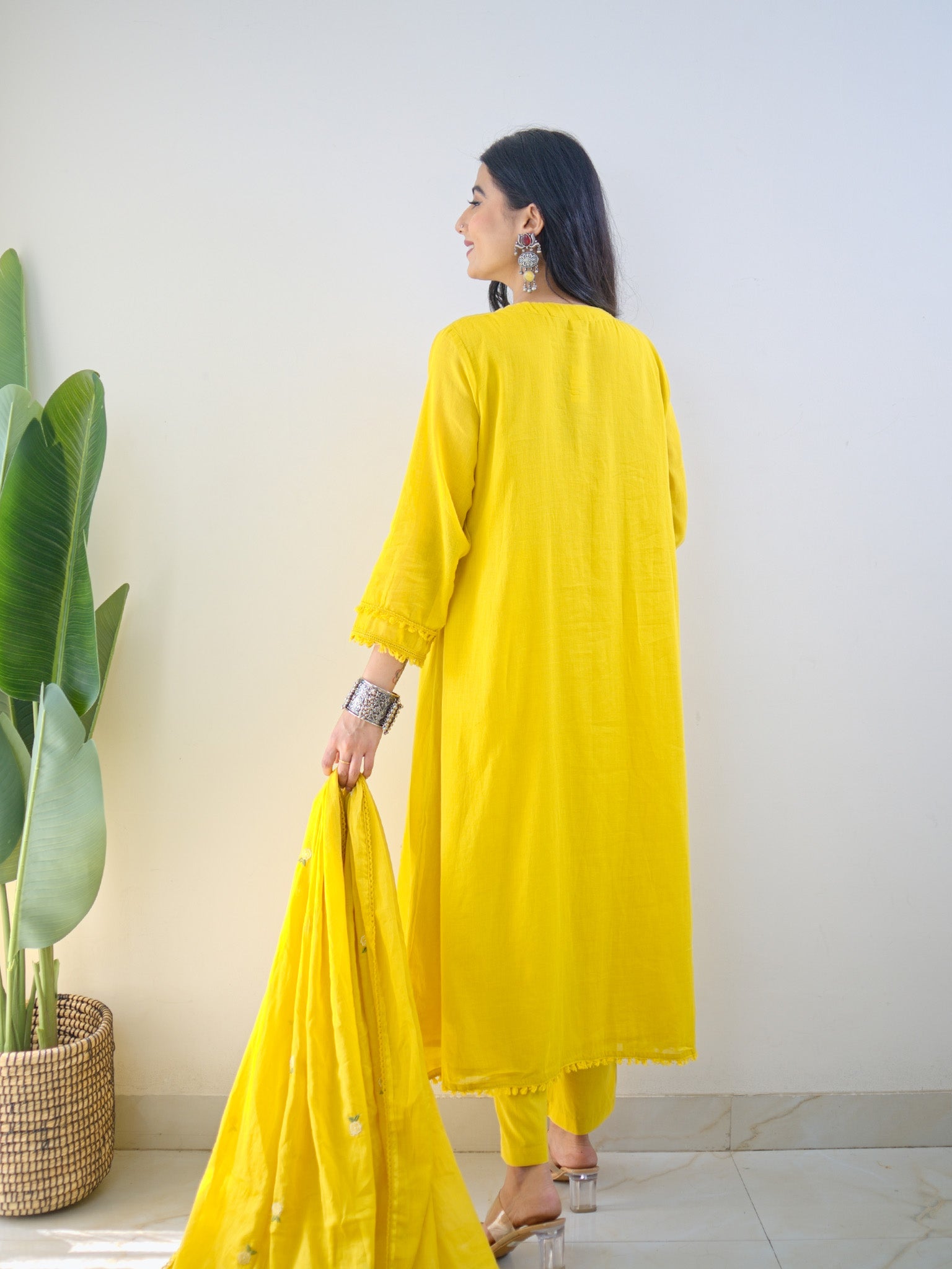 Samya Yellow MulCotton HandEmbroidered A-line Pant Set - The Jaipur Studio