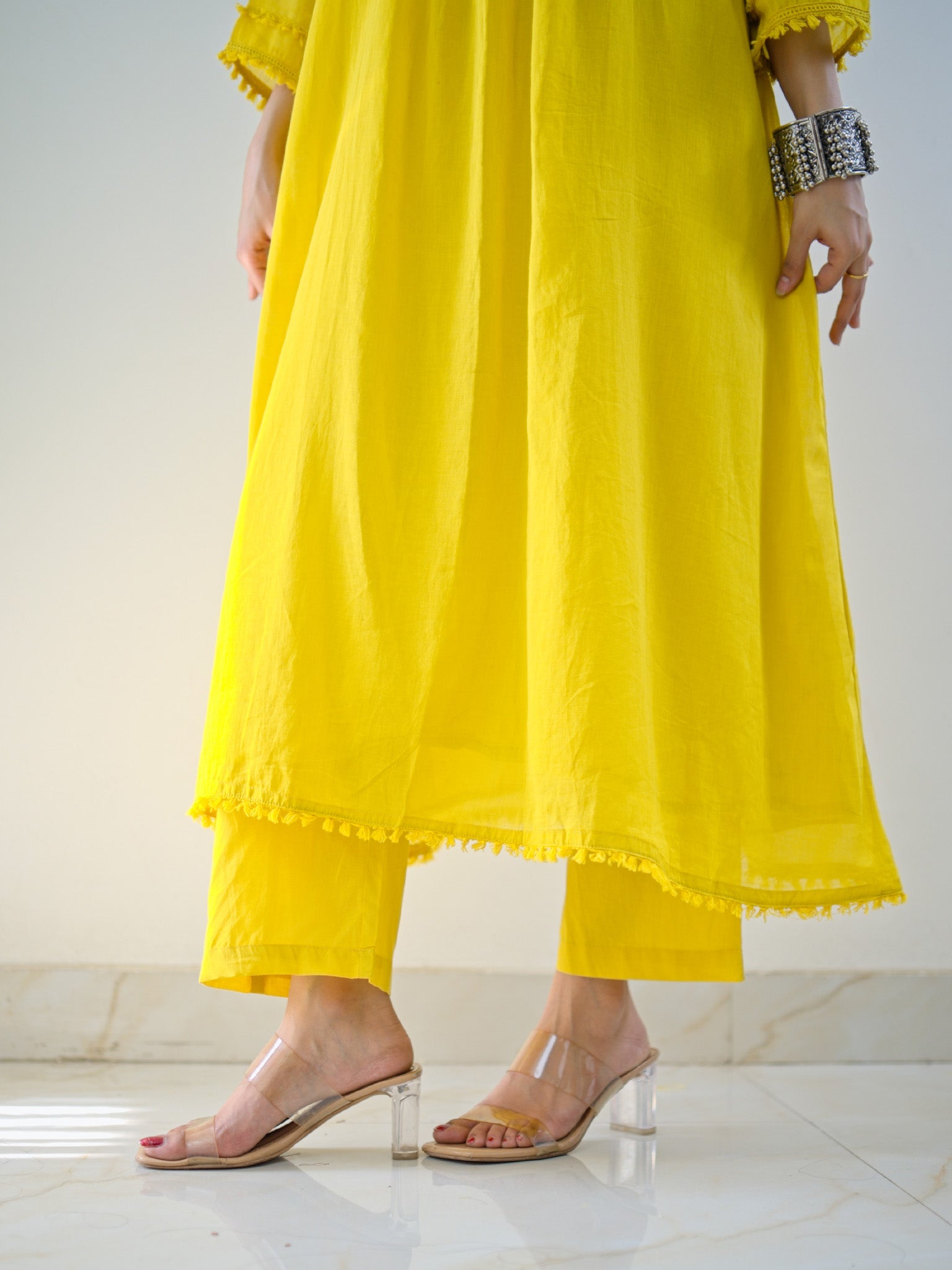 Samya Yellow MulCotton HandEmbroidered A-line Pant Set - The Jaipur Studio