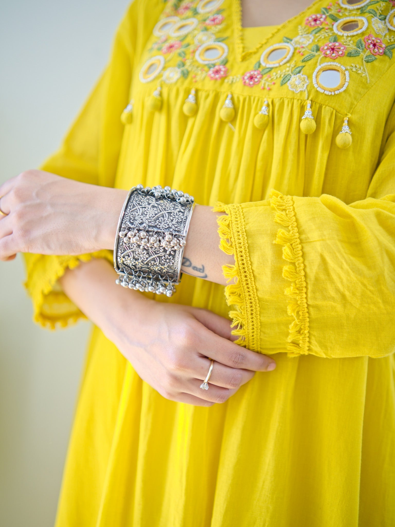 Samya Yellow MulCotton HandEmbroidered A-line Pant Set - The Jaipur Studio