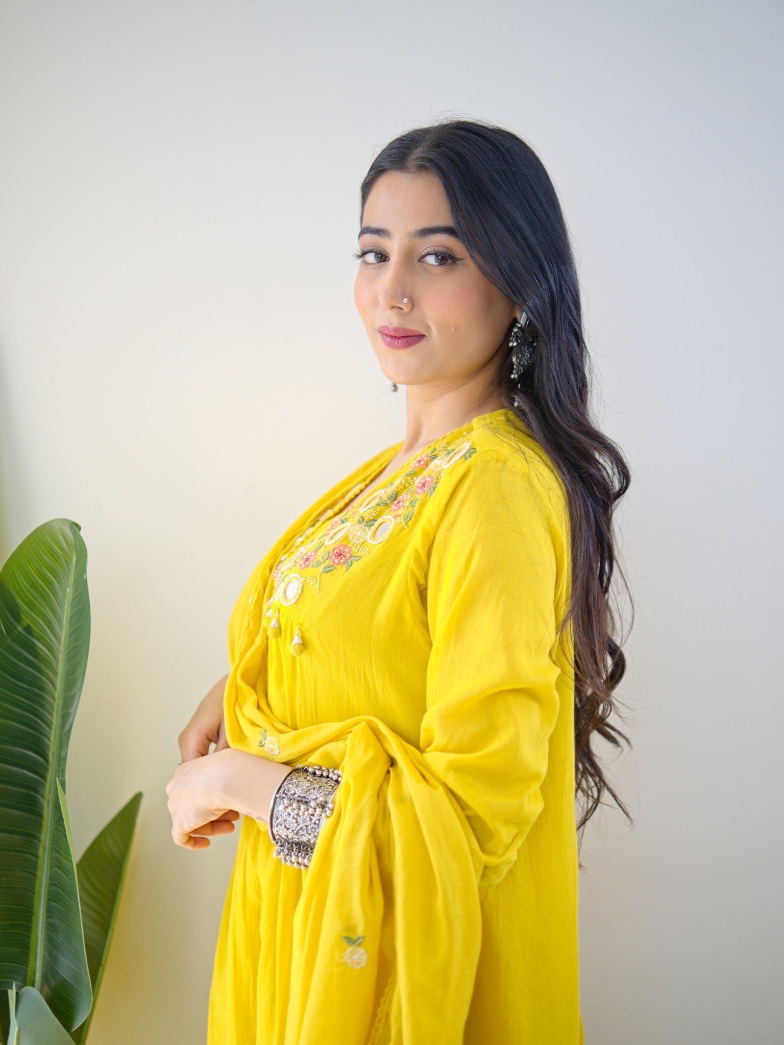 Samya Yellow MulCotton HandEmbroidered A-line Pant Set - The Jaipur Studio