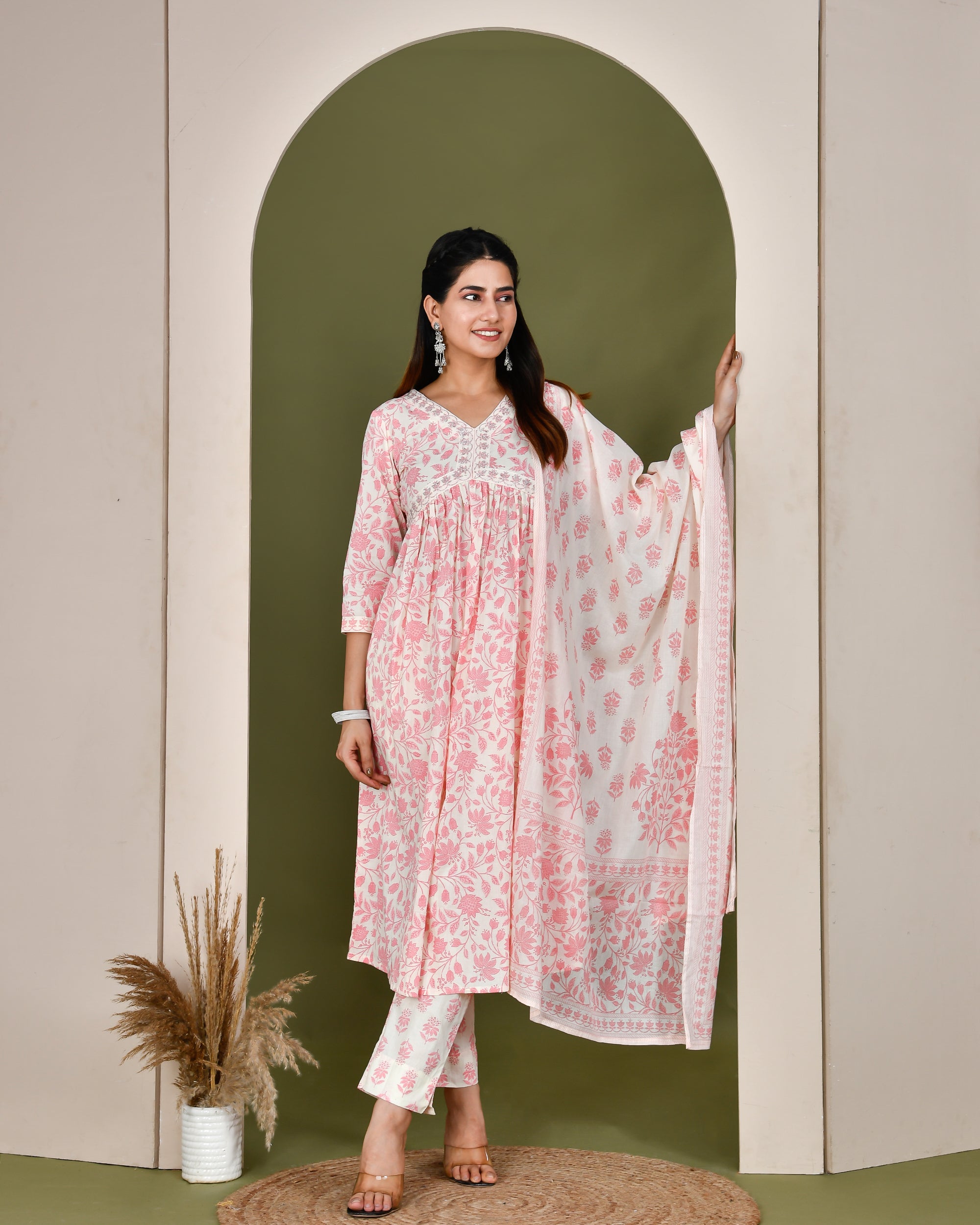 Cotton Alia cut embroidered casual pant set Pink - The Jaipur Studio