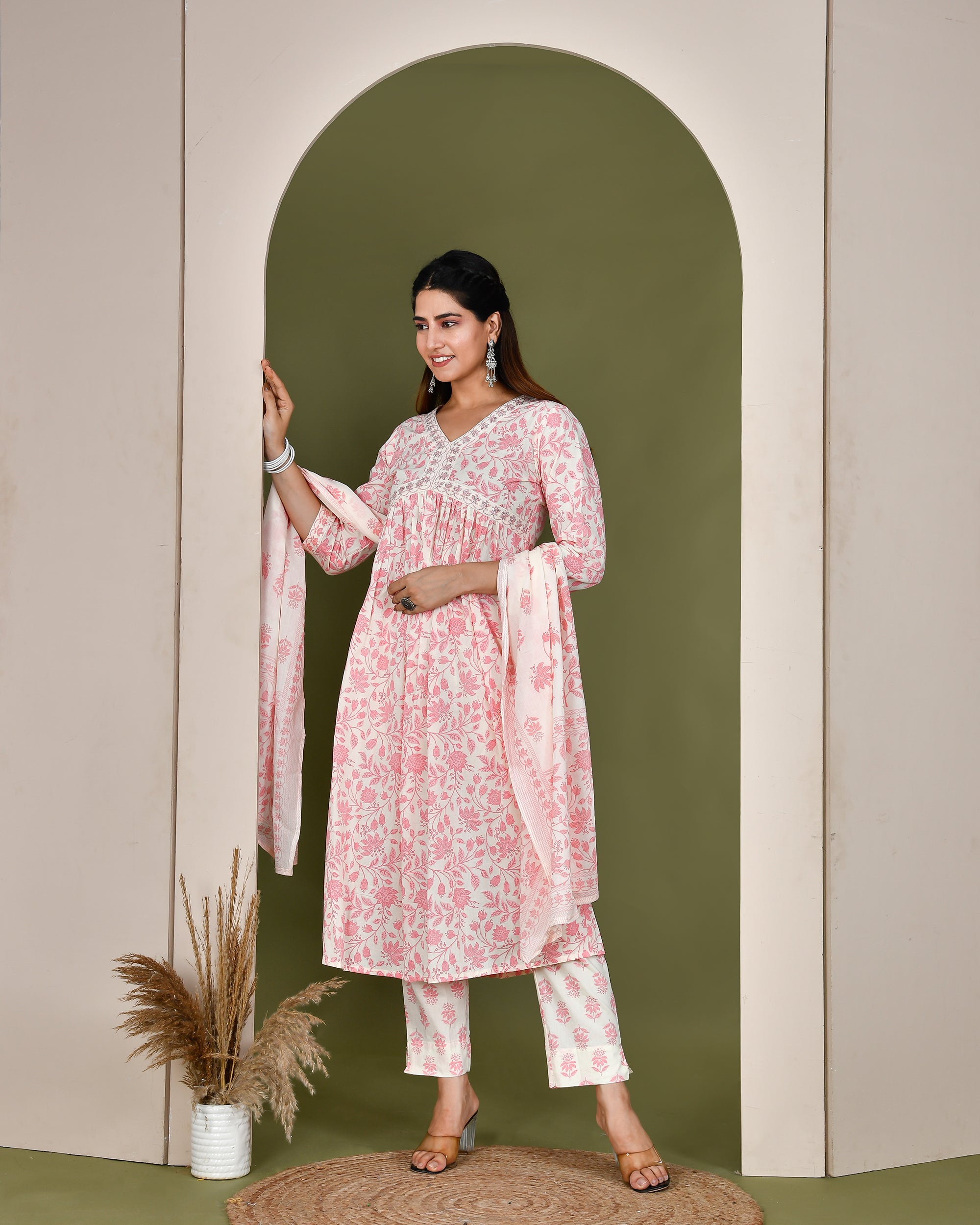 Cotton Alia cut embroidered casual pant set Pink - The Jaipur Studio