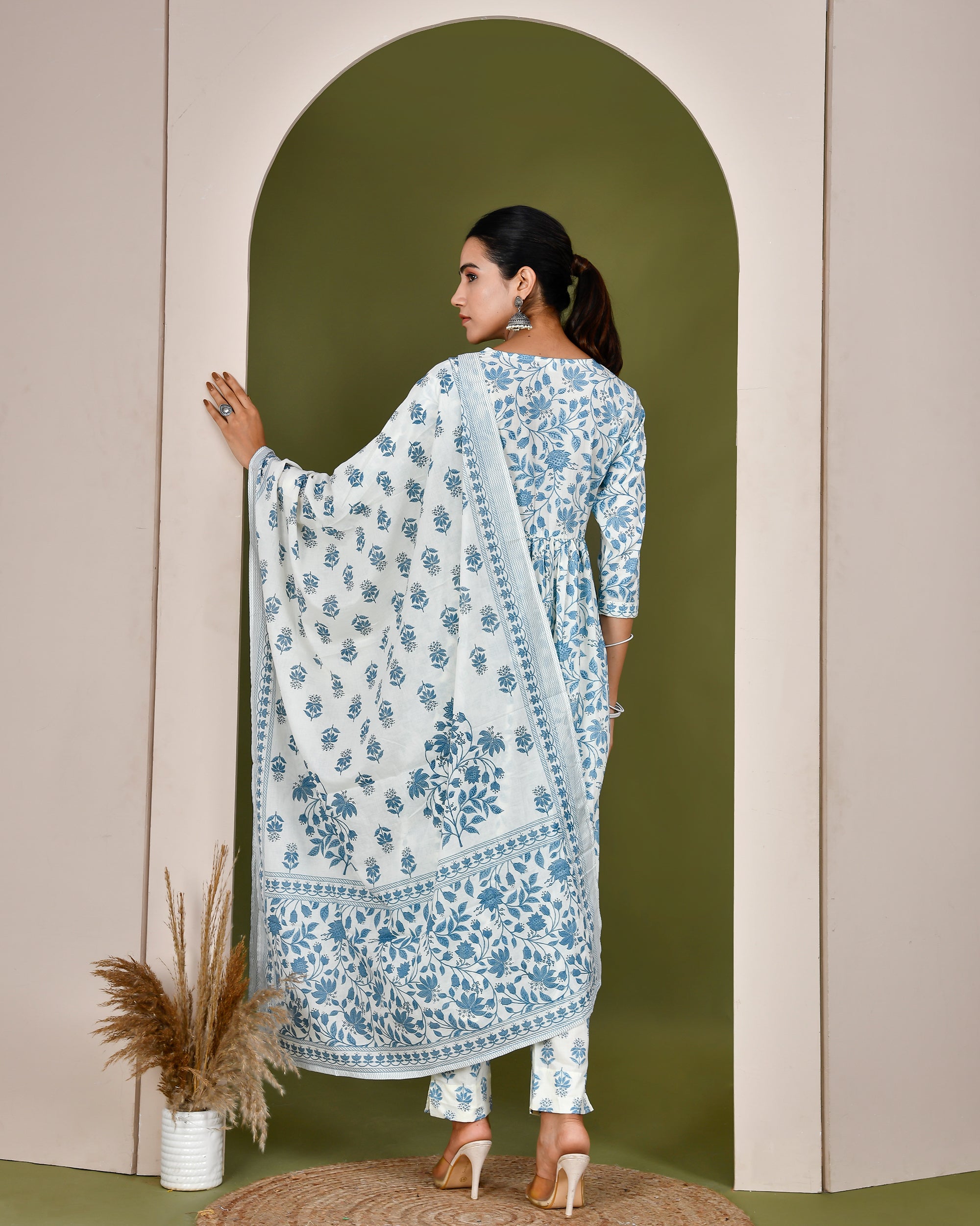 Cotton Alia cut embroidered casual pant set Blue - The Jaipur Studio