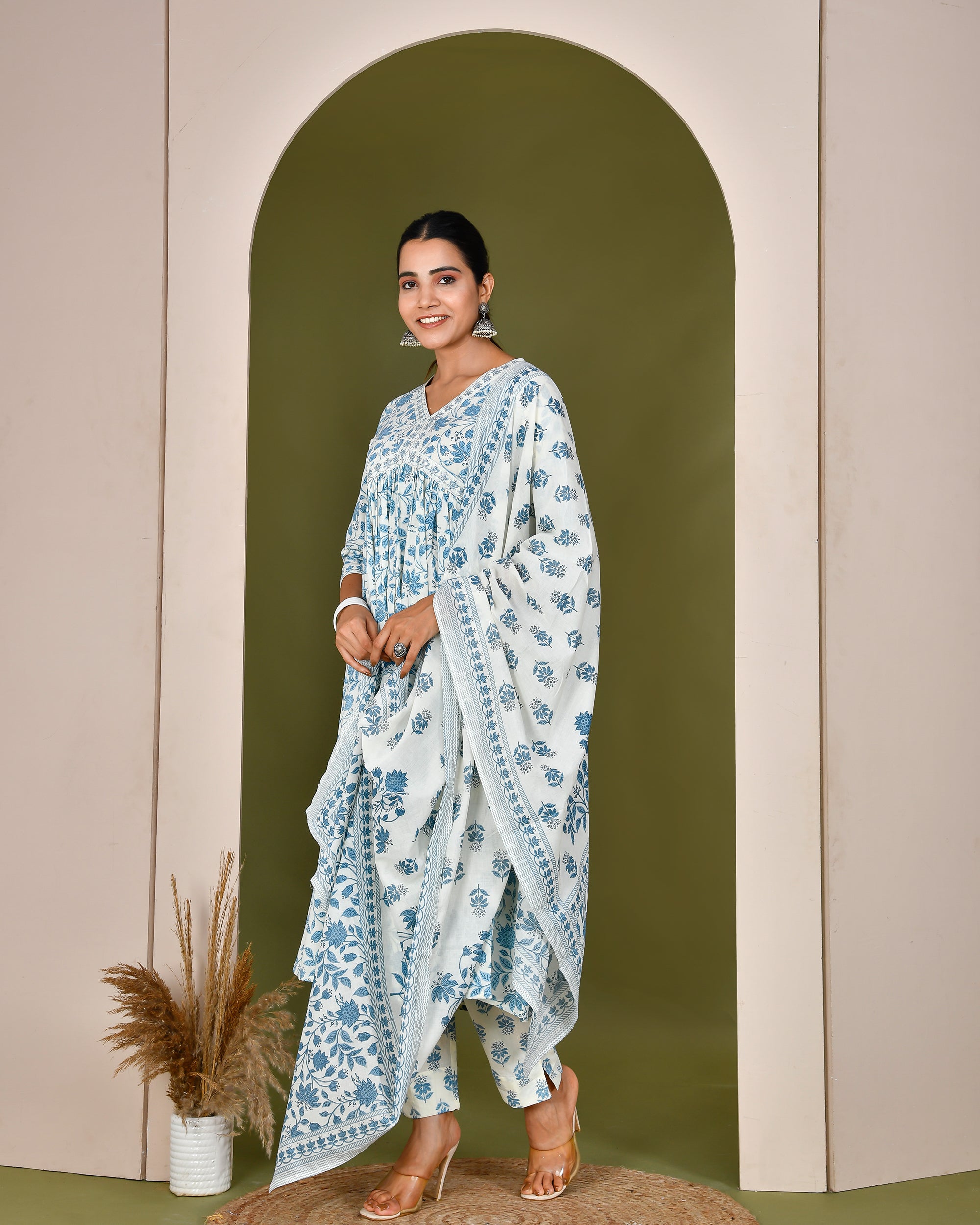 Cotton Alia cut embroidered casual pant set Blue - The Jaipur Studio