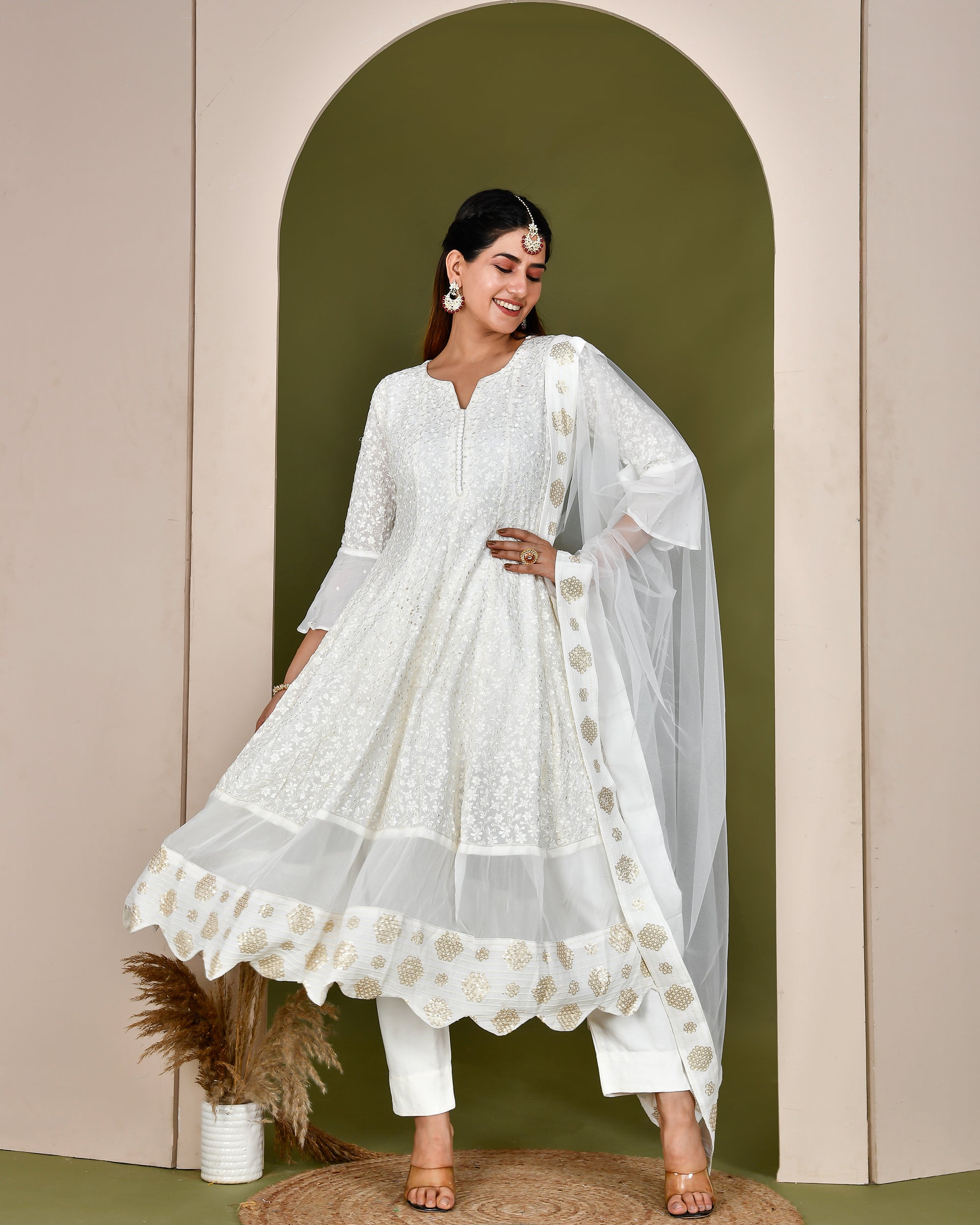 Memora Ivory Georgette Embroidered Heavy Anarkali Set - The Jaipur Studio