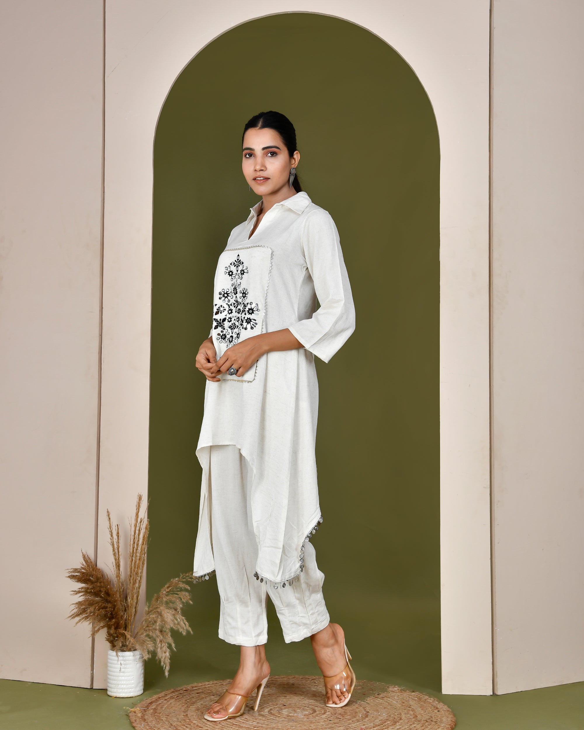 Asymmetric Cotton Hand Embroidered Mirror Work Co-ord Set - The Jaipur Studio