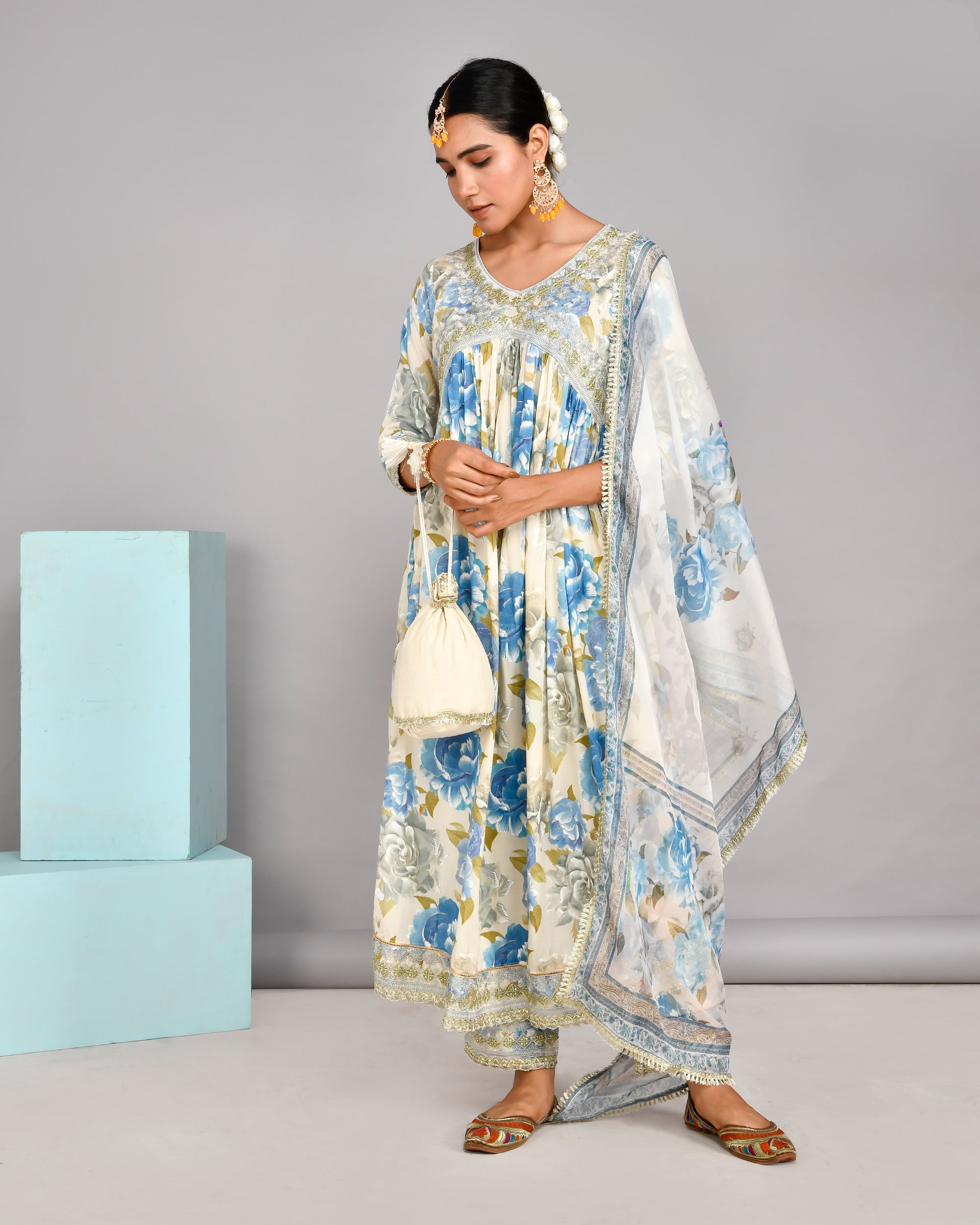 Jashn Special Muslin Floral Alia Style Pant Set with Potli - The Jaipur Studio