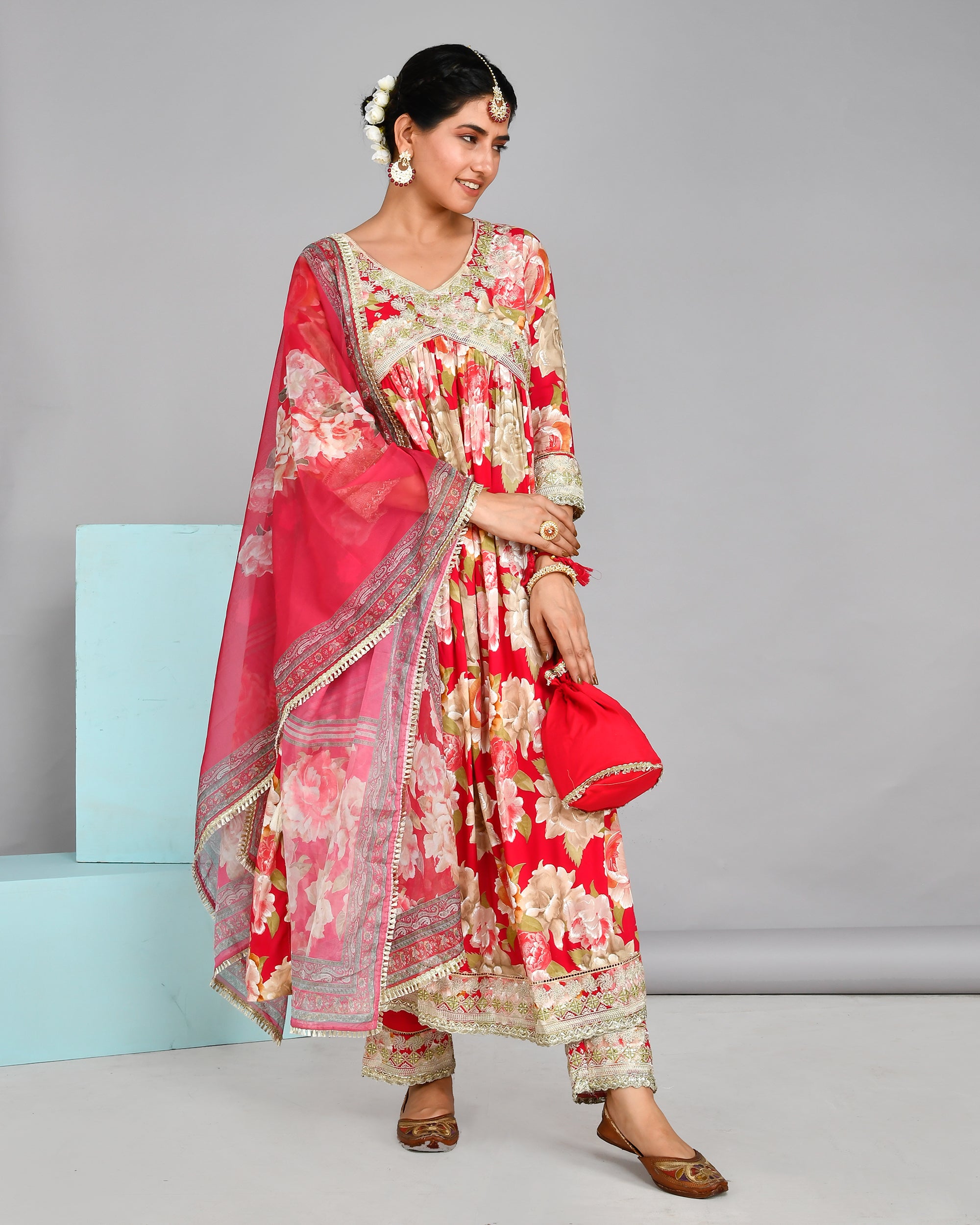 Jashn Special Muslin Floral Alia Style Pant Set with Potli - The Jaipur Studio