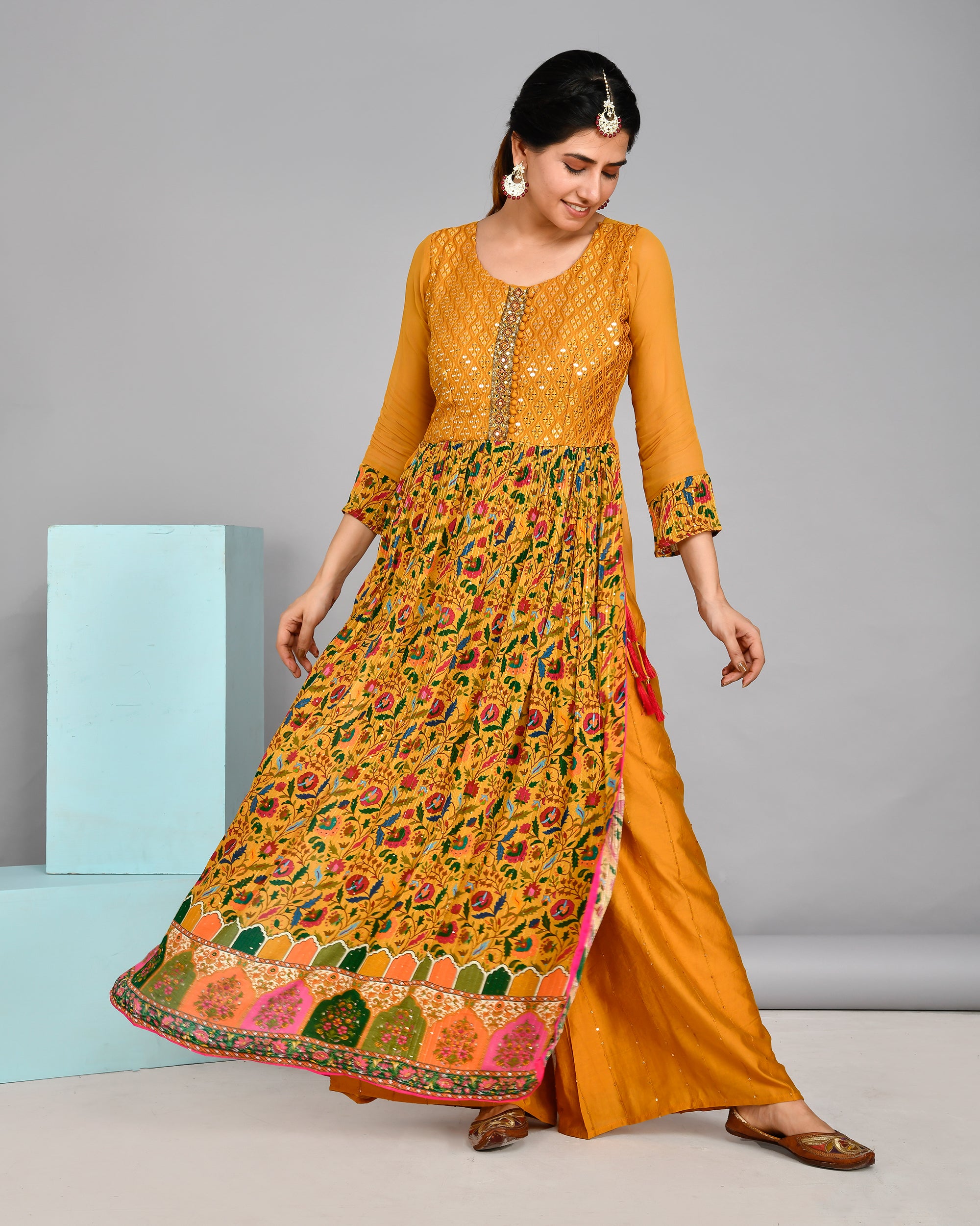 Festive Special Mustard Embroidered Nyra Set - The Jaipur Studio