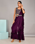 Hand Embroidered blouse with Georgette sharara and attached drape