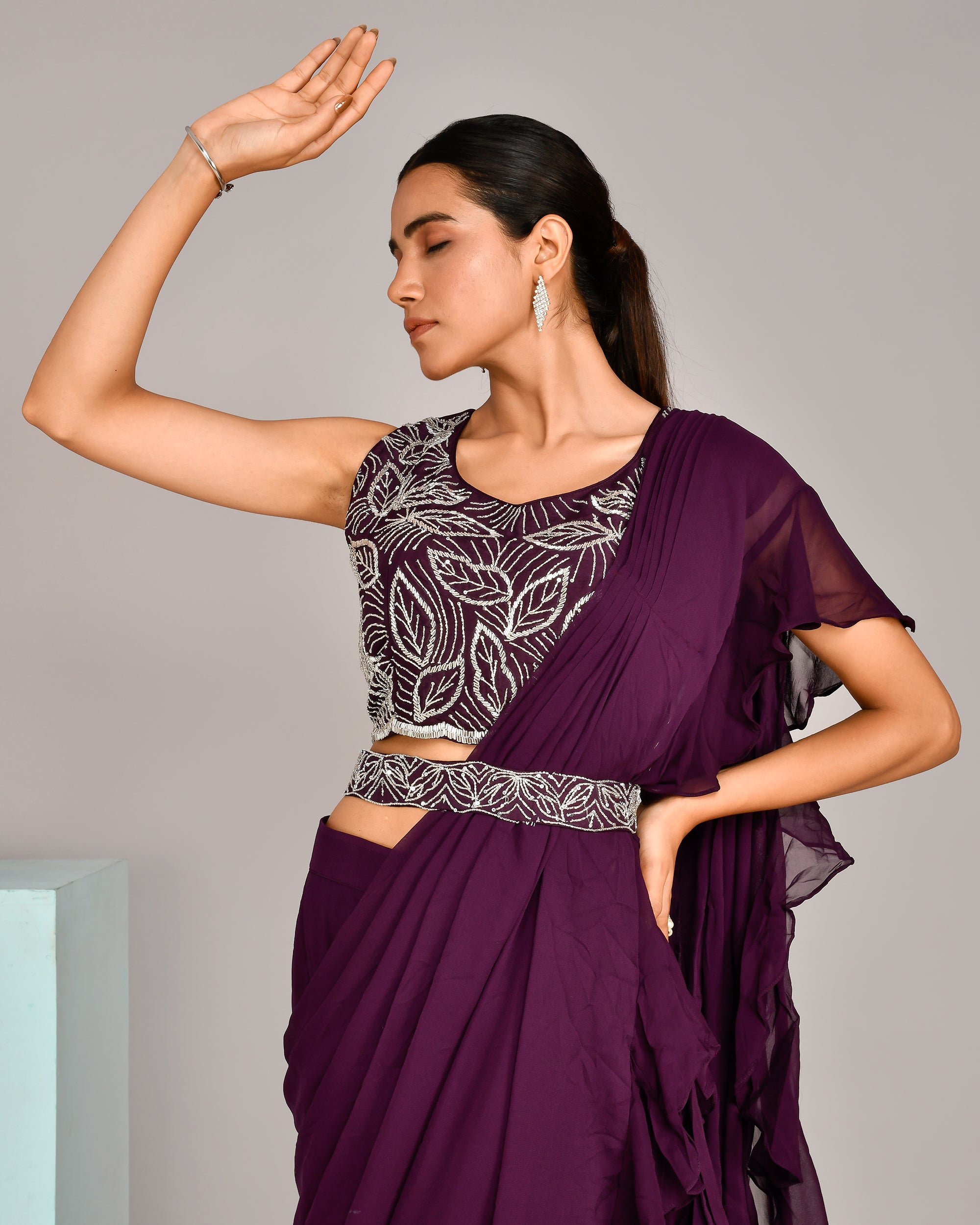 Hand Embroidered blouse with Georgette sharara and attached drape - The Jaipur Studio