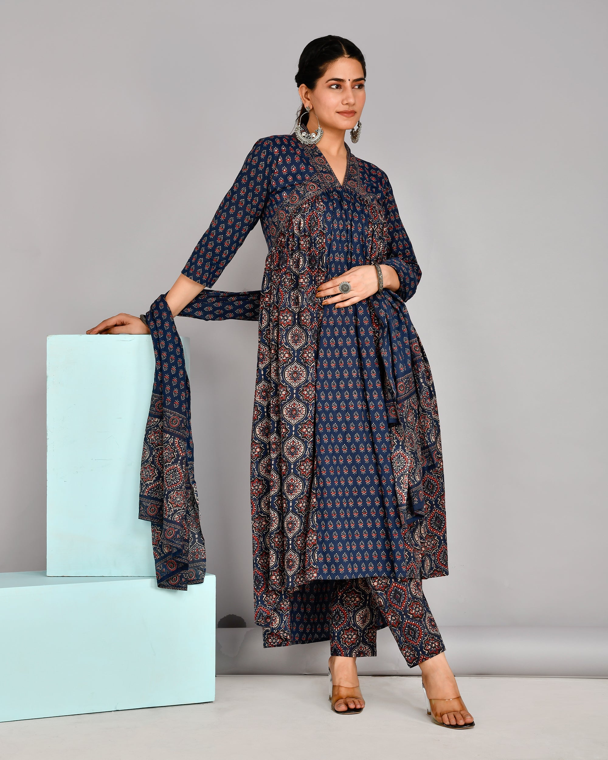 Cotton Jaipuri Alia cut pant set with ajrakh print - The Jaipur Studio