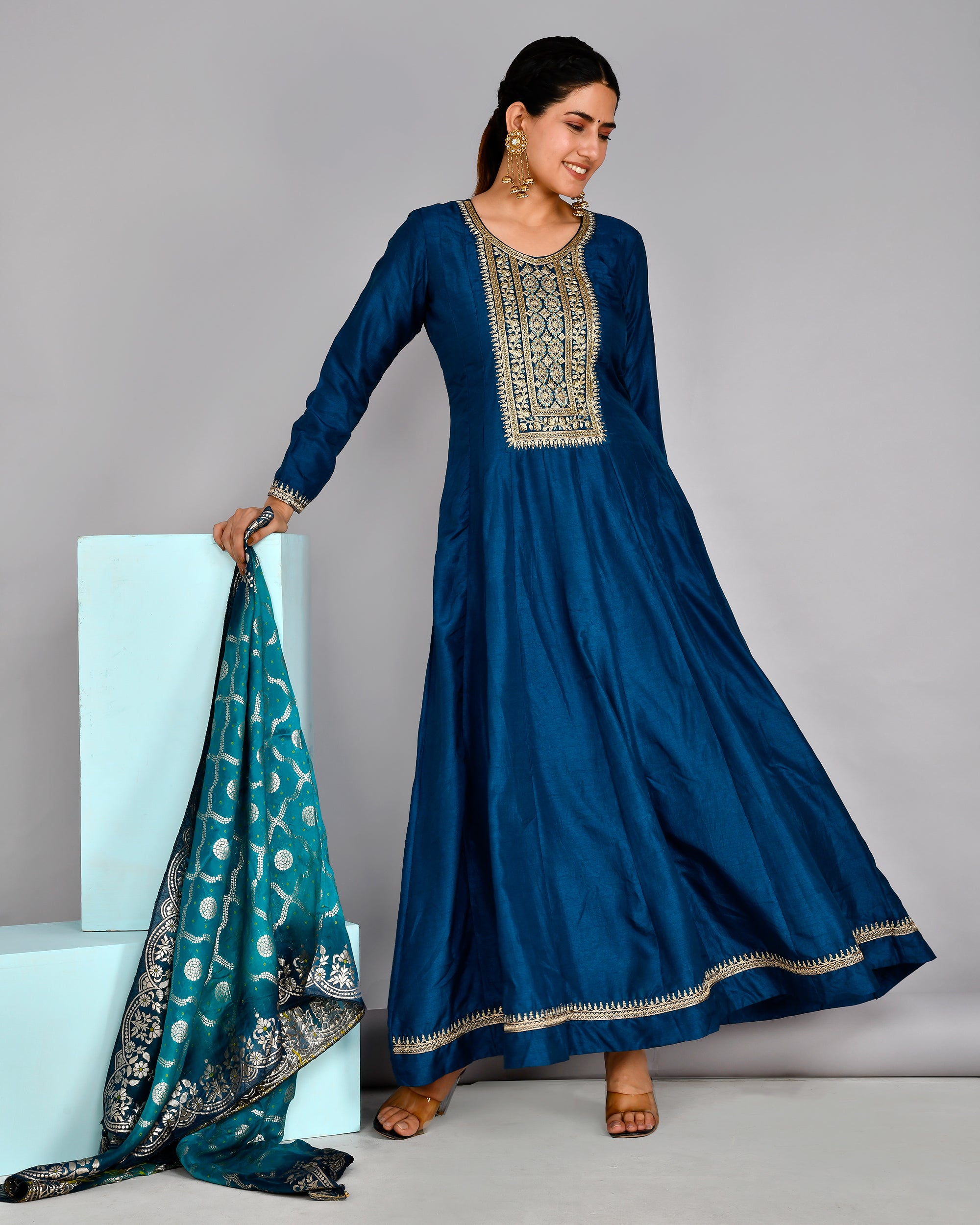 Festive Special Silk Embroidered Long Gown With Banarasi Dupatta