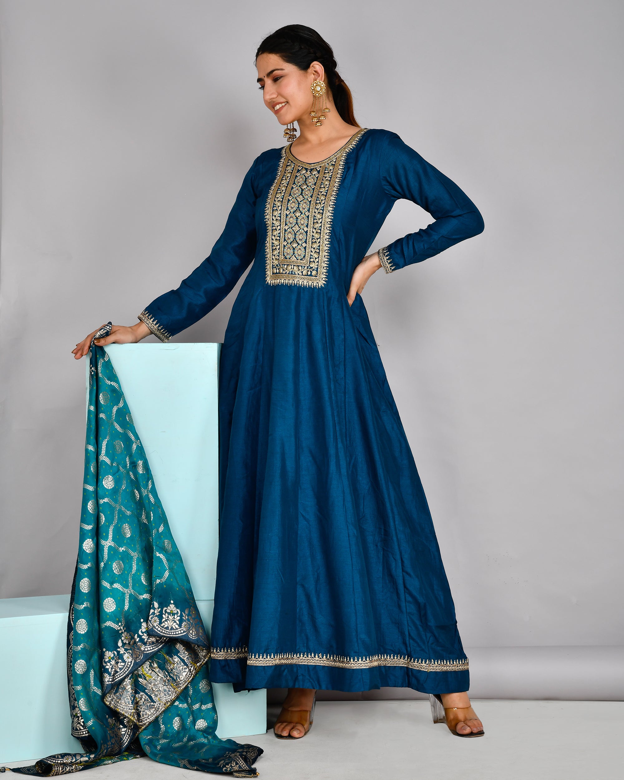 Festive Special Silk Embroidered Long Gown With Banarasi Dupatta - The Jaipur Studio
