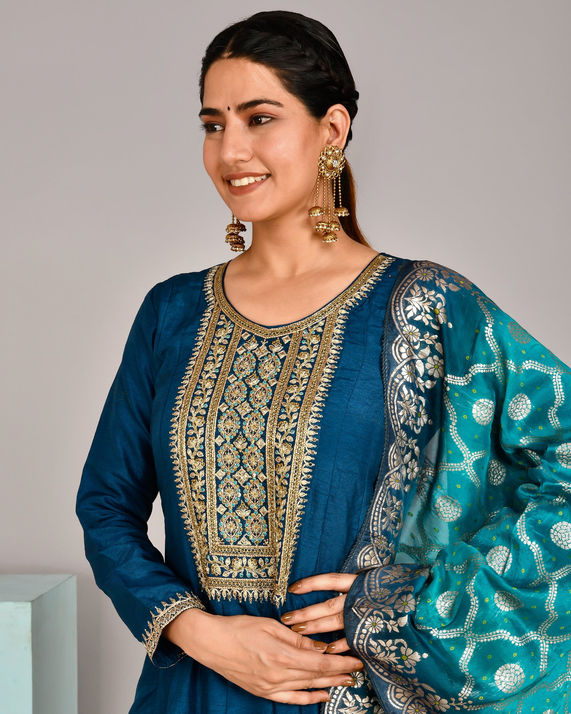 Festive Special Silk Embroidered Long Gown With Banarasi Dupatta - The Jaipur Studio