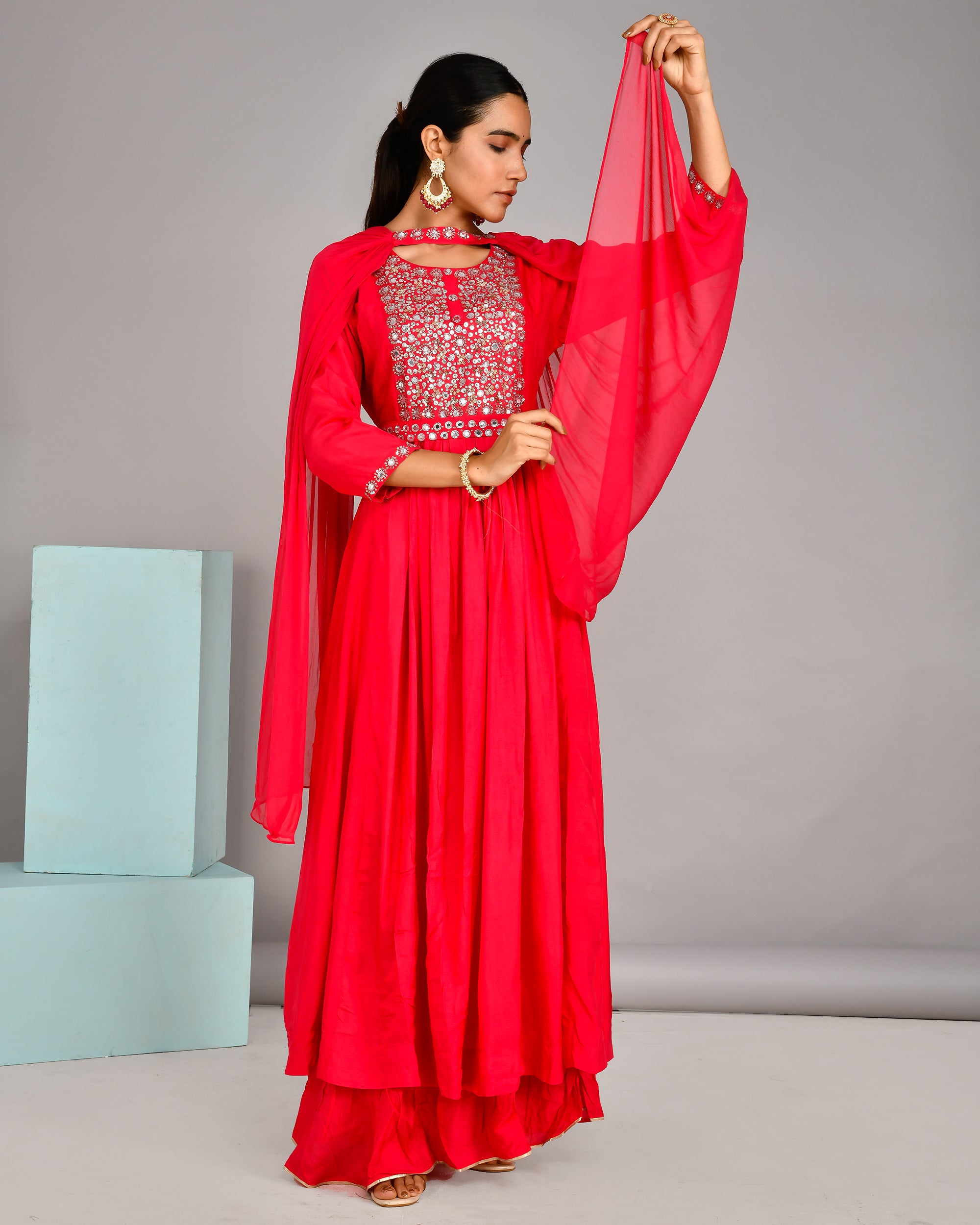 Muslin Double Layered Hand embroidered Long Dress - The Jaipur Studio