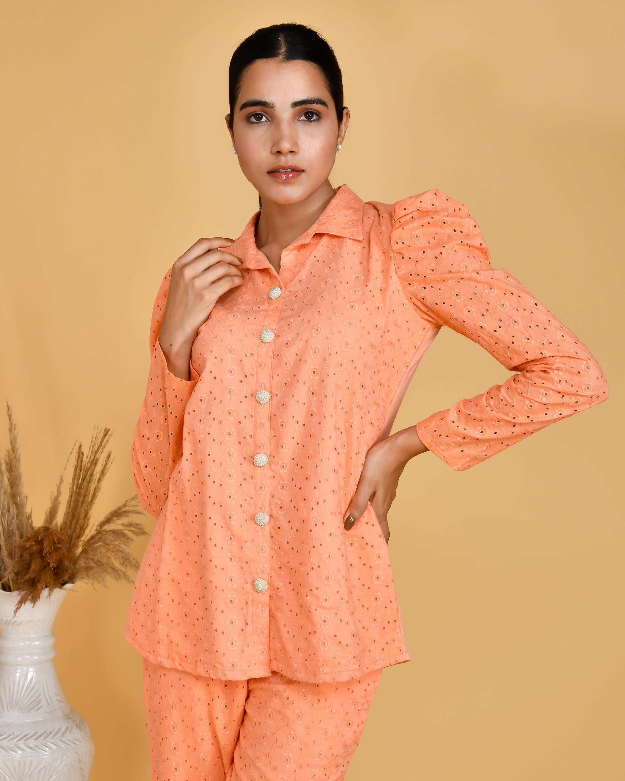 Adams Sciffili Cotton Coord Set Orange - The Jaipur Studio
