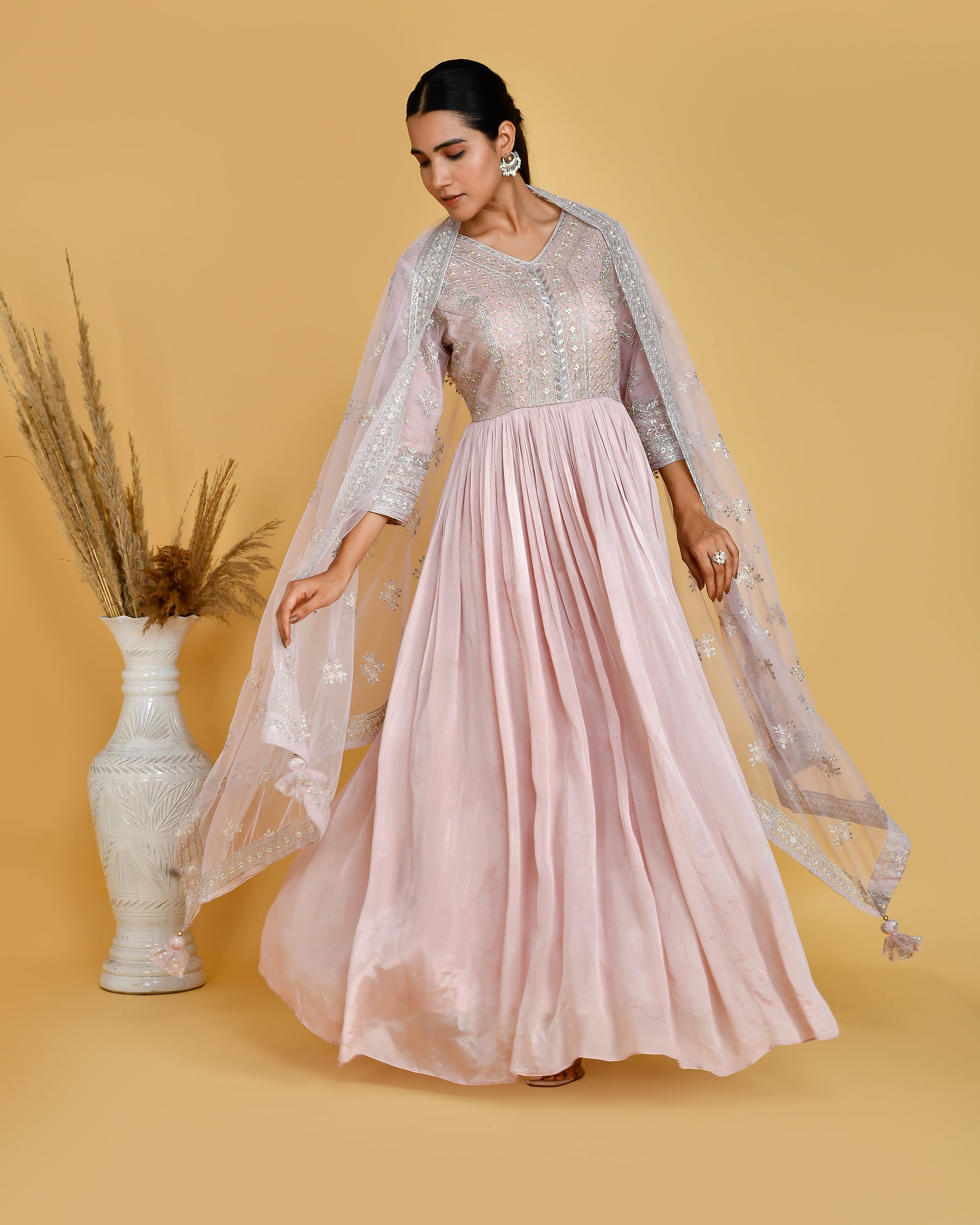 Chinnon Embroidered Long Gown with Dupatta - The Jaipur Studio