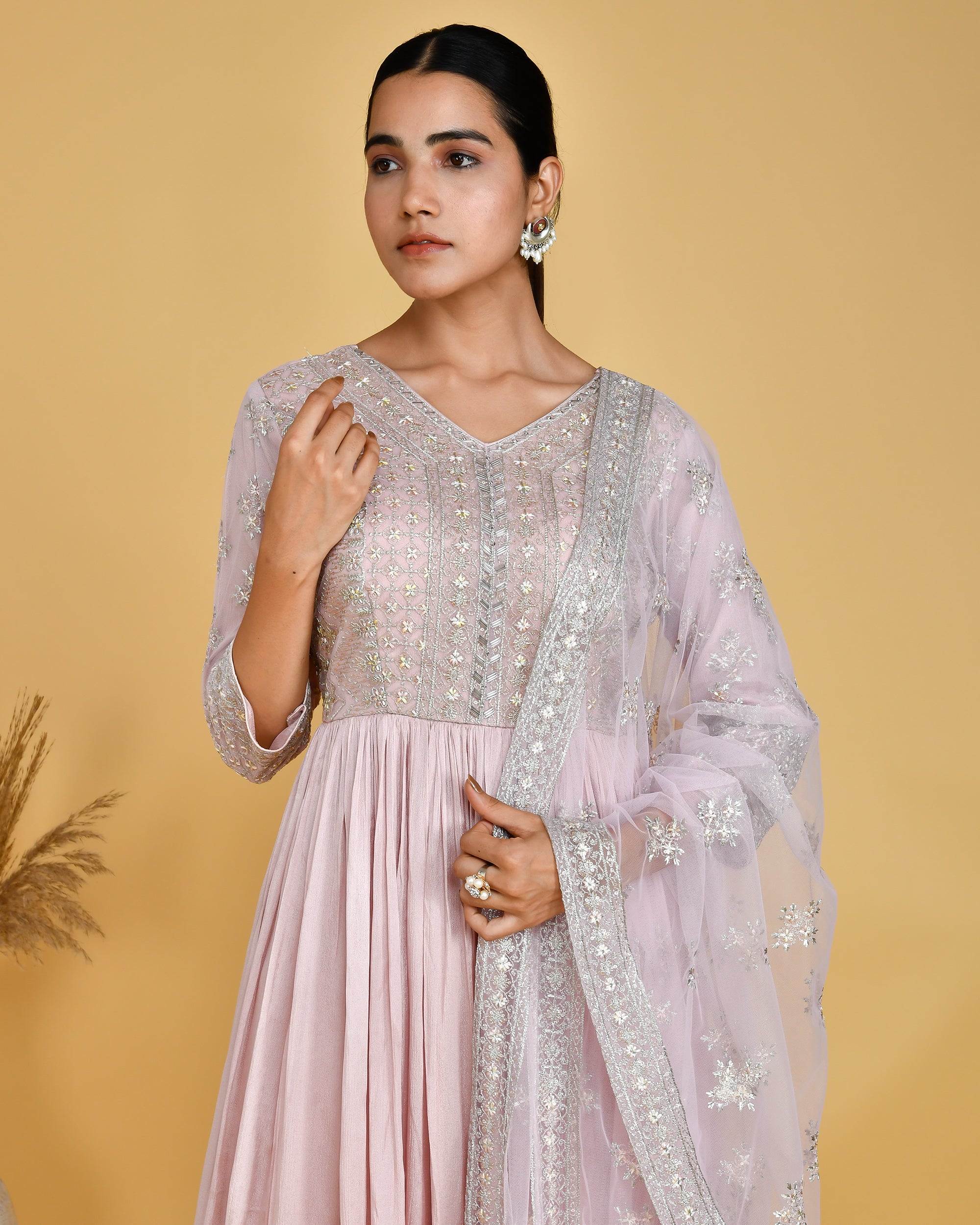 Chinnon Embroidered Long Gown with Dupatta - The Jaipur Studio