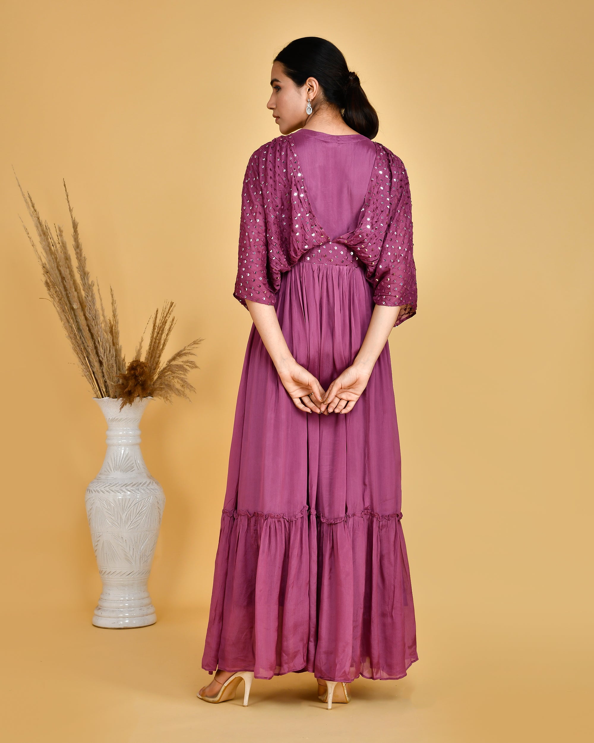 Festive Wear Chinon Long Gown With Embroidered Cape - The Jaipur Studio