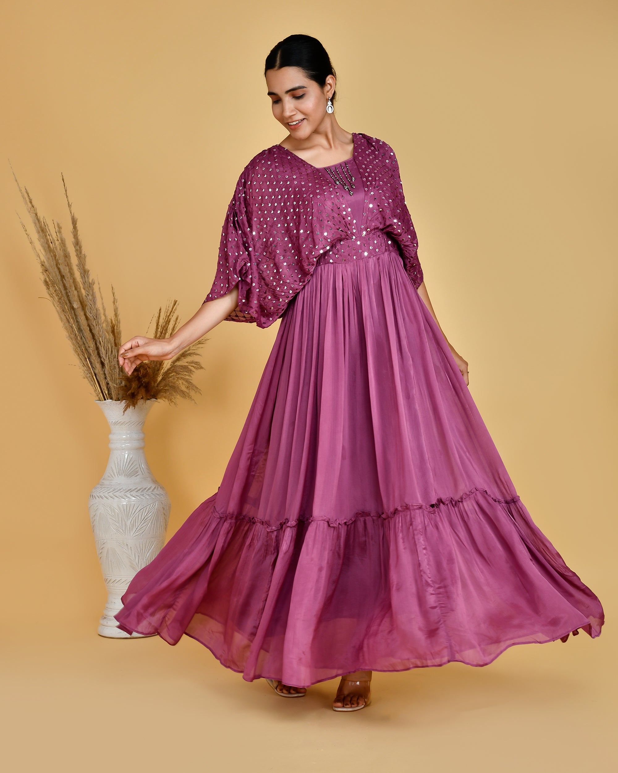 Festive Wear Chinon Long Gown With Embroidered Cape - The Jaipur Studio