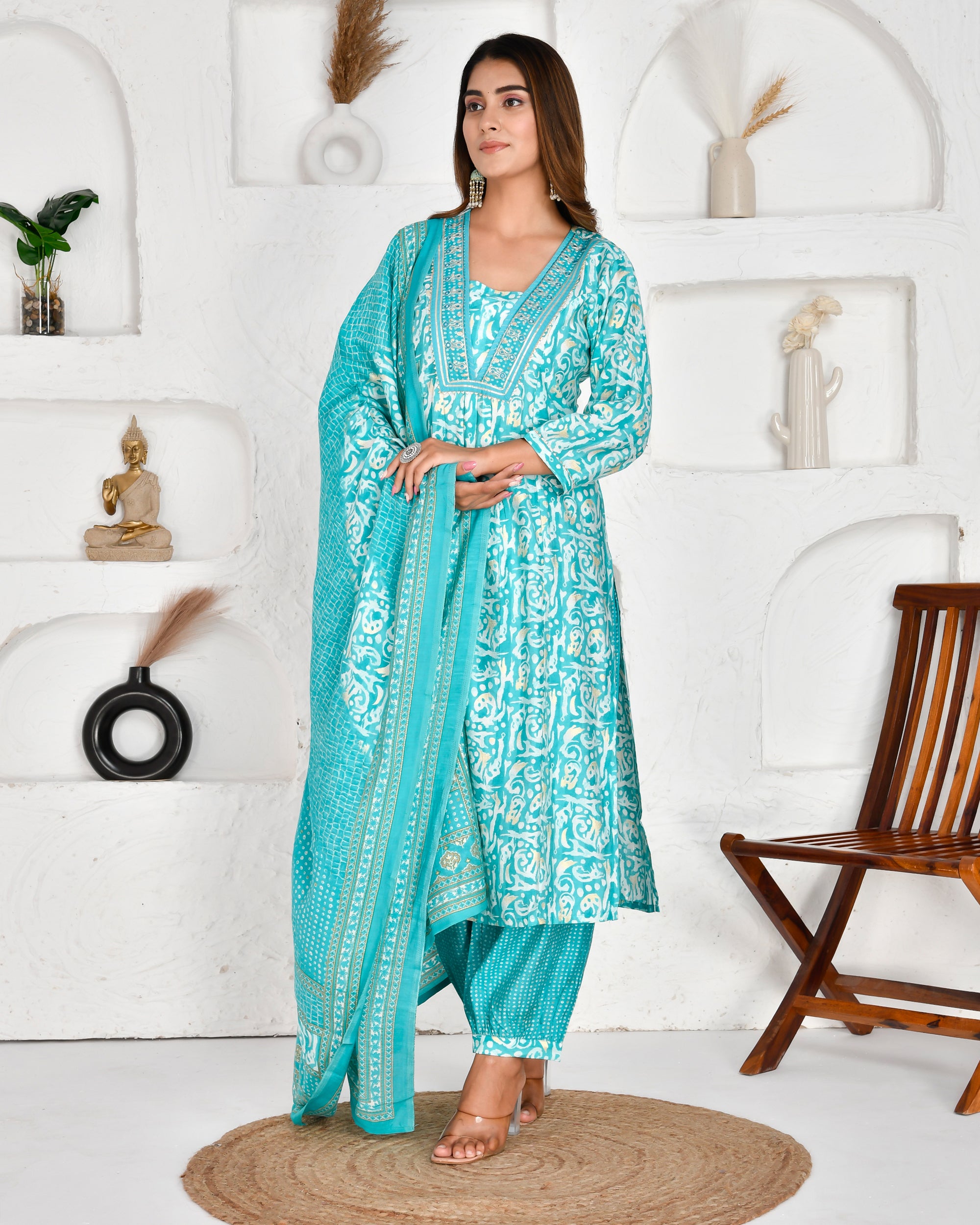 Fiza blue Muslin Embroidered Afgani set - The Jaipur Studio