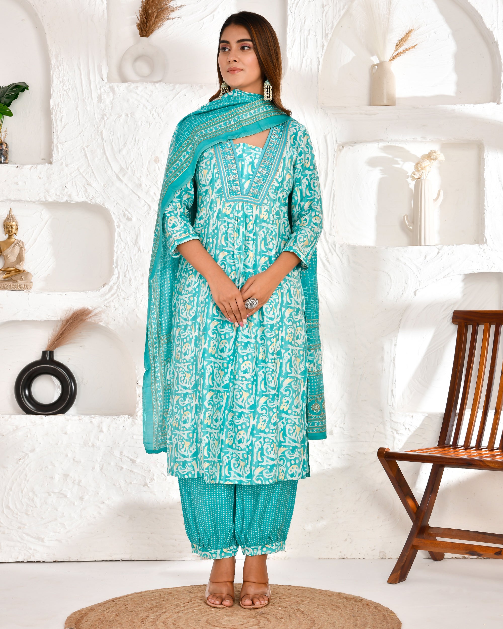 Fiza blue Muslin Embroidered Afgani set - The Jaipur Studio