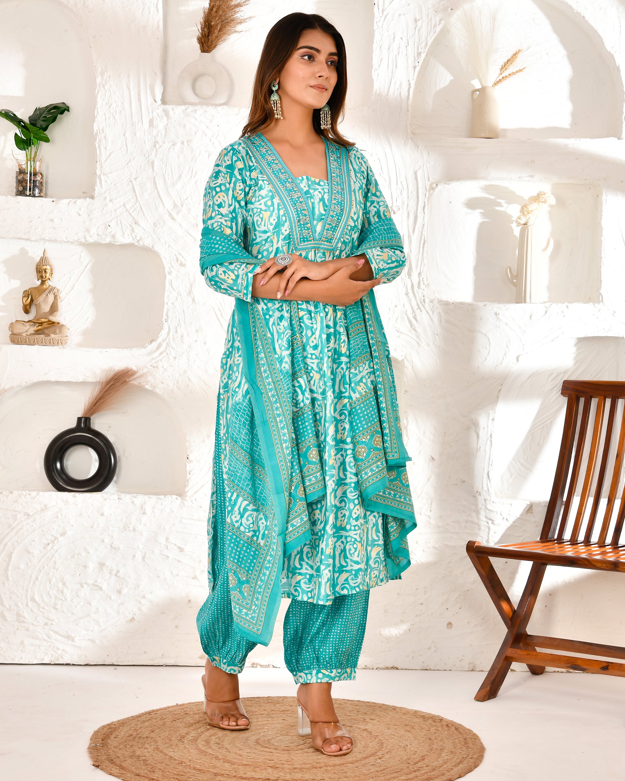 Fiza blue Muslin Embroidered Afgani set - The Jaipur Studio