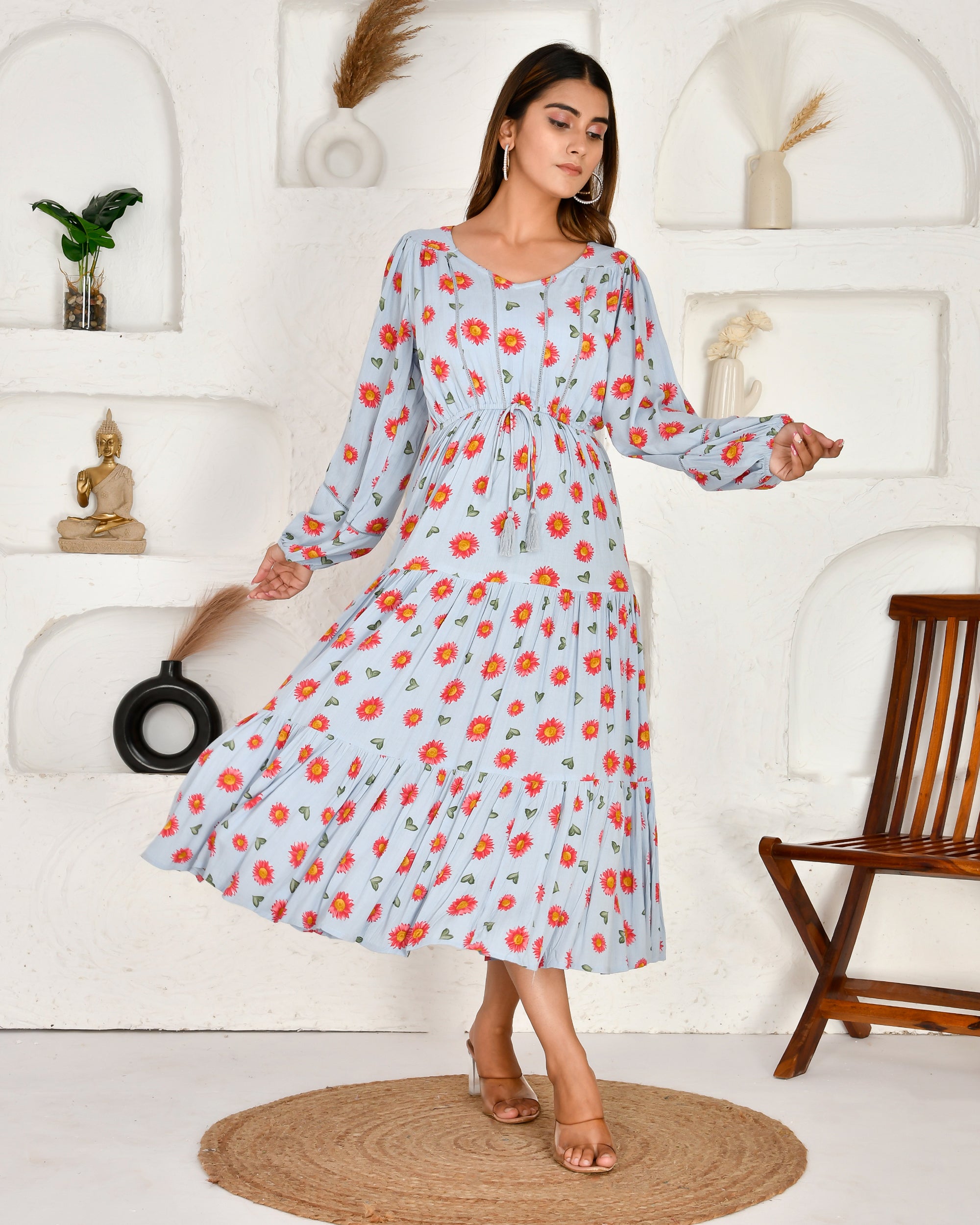 Amara Floral Rayon Long Dress - The Jaipur Studio