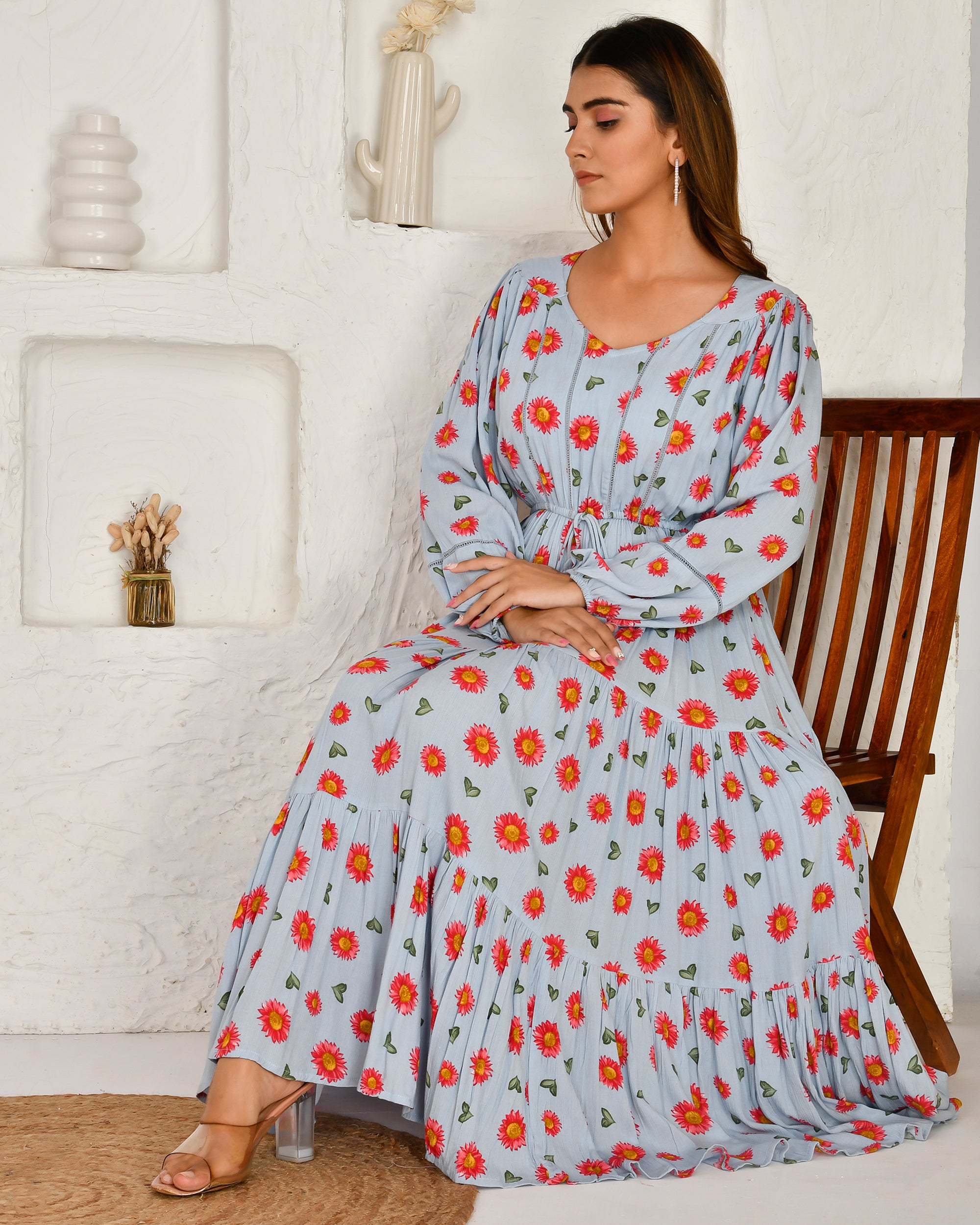 Amara Floral Rayon Long Dress - The Jaipur Studio