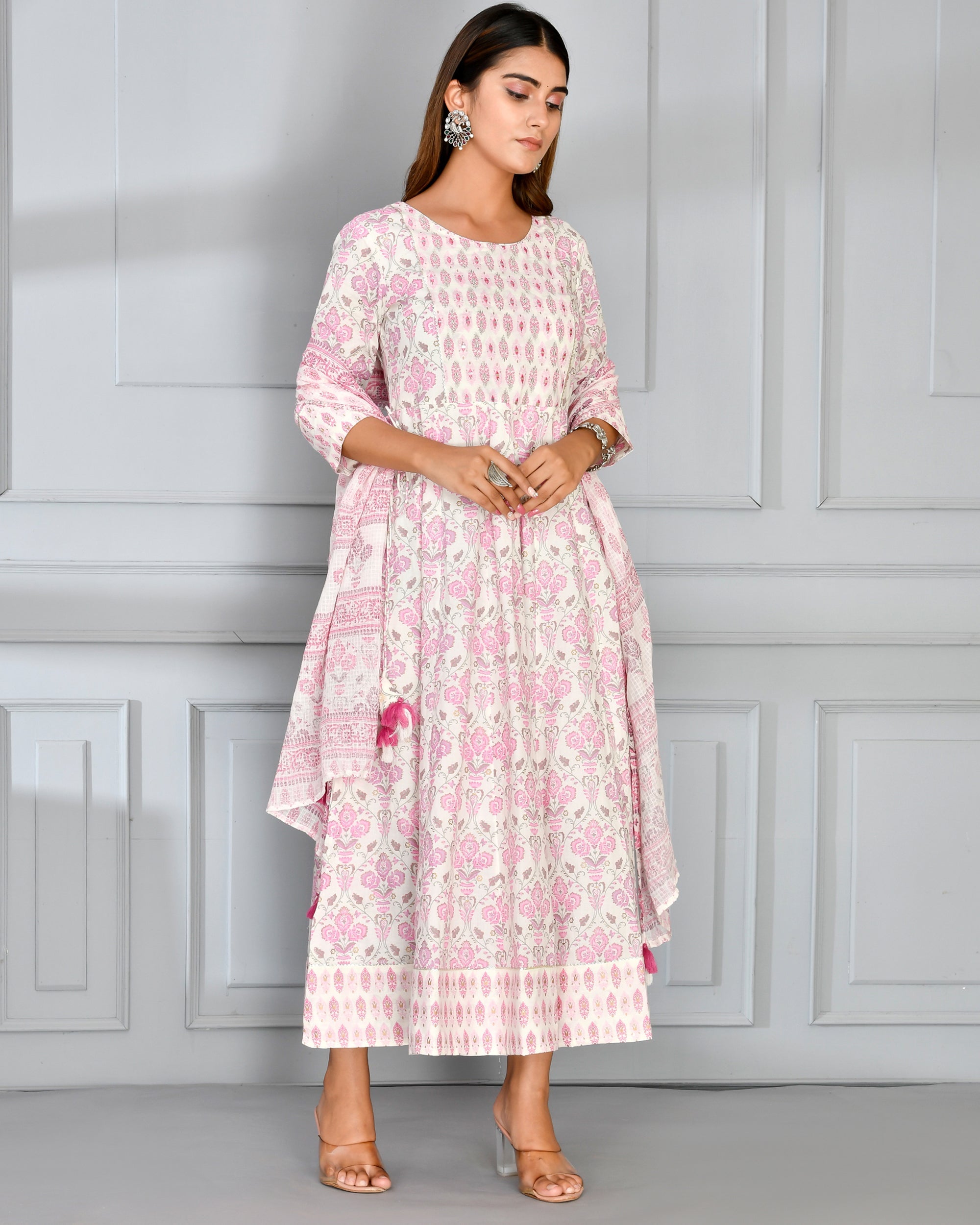 Cotton anarkali dress with embroidery along dupatta Pink