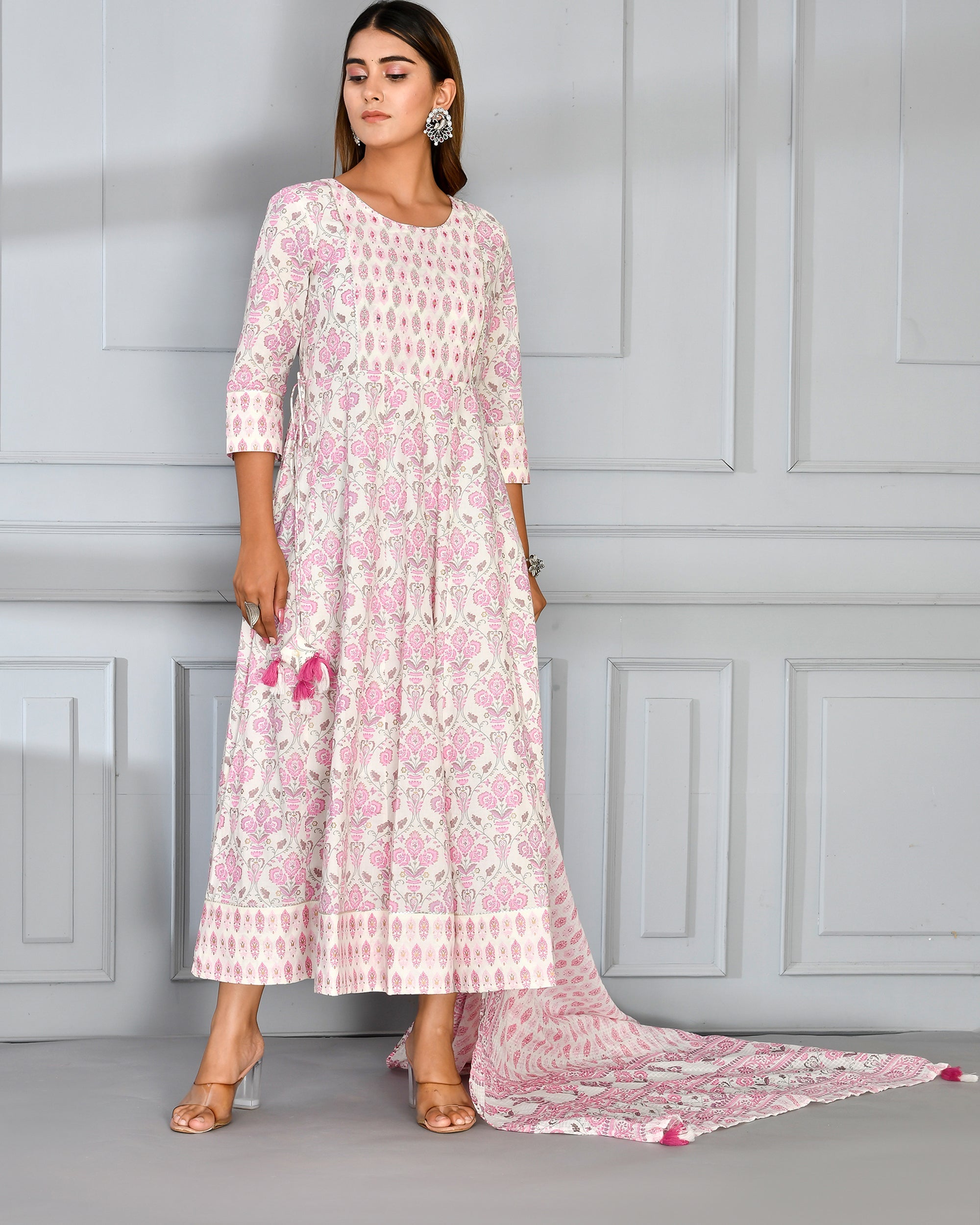 Cotton anarkali dress with embroidery along dupatta Pink