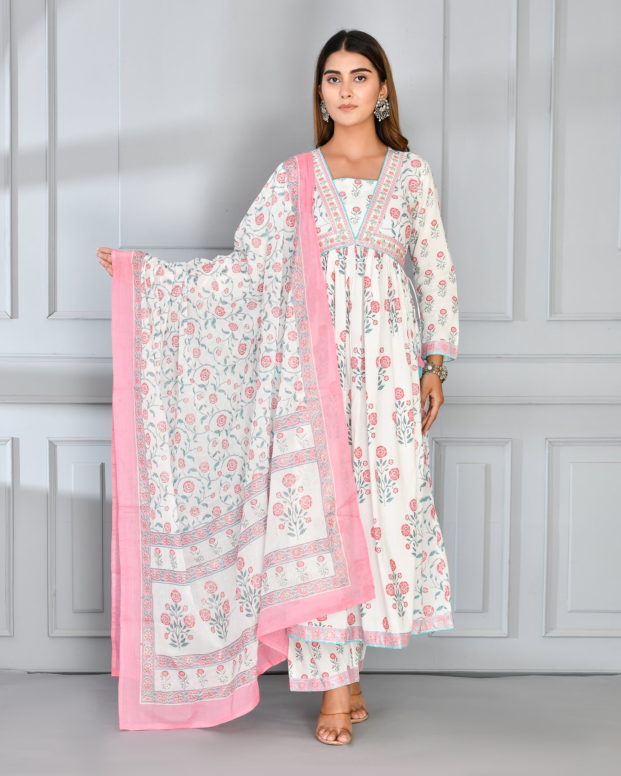 White Cotton Embroidered Alia Cut Anarkali Set - The Jaipur Studio