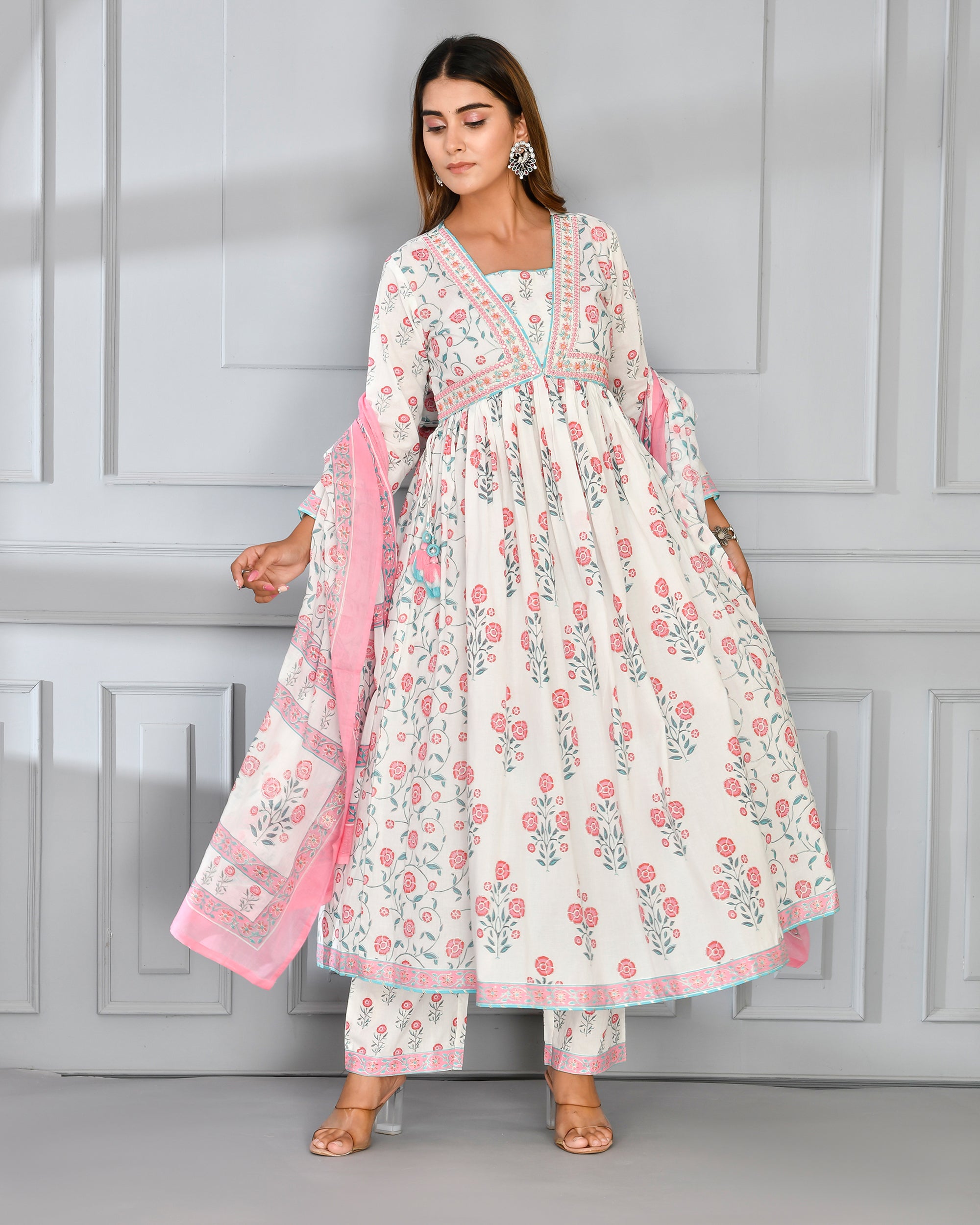 Designer Off White Cotton Anarkali Suit - Salwar Kameez Designer Collection