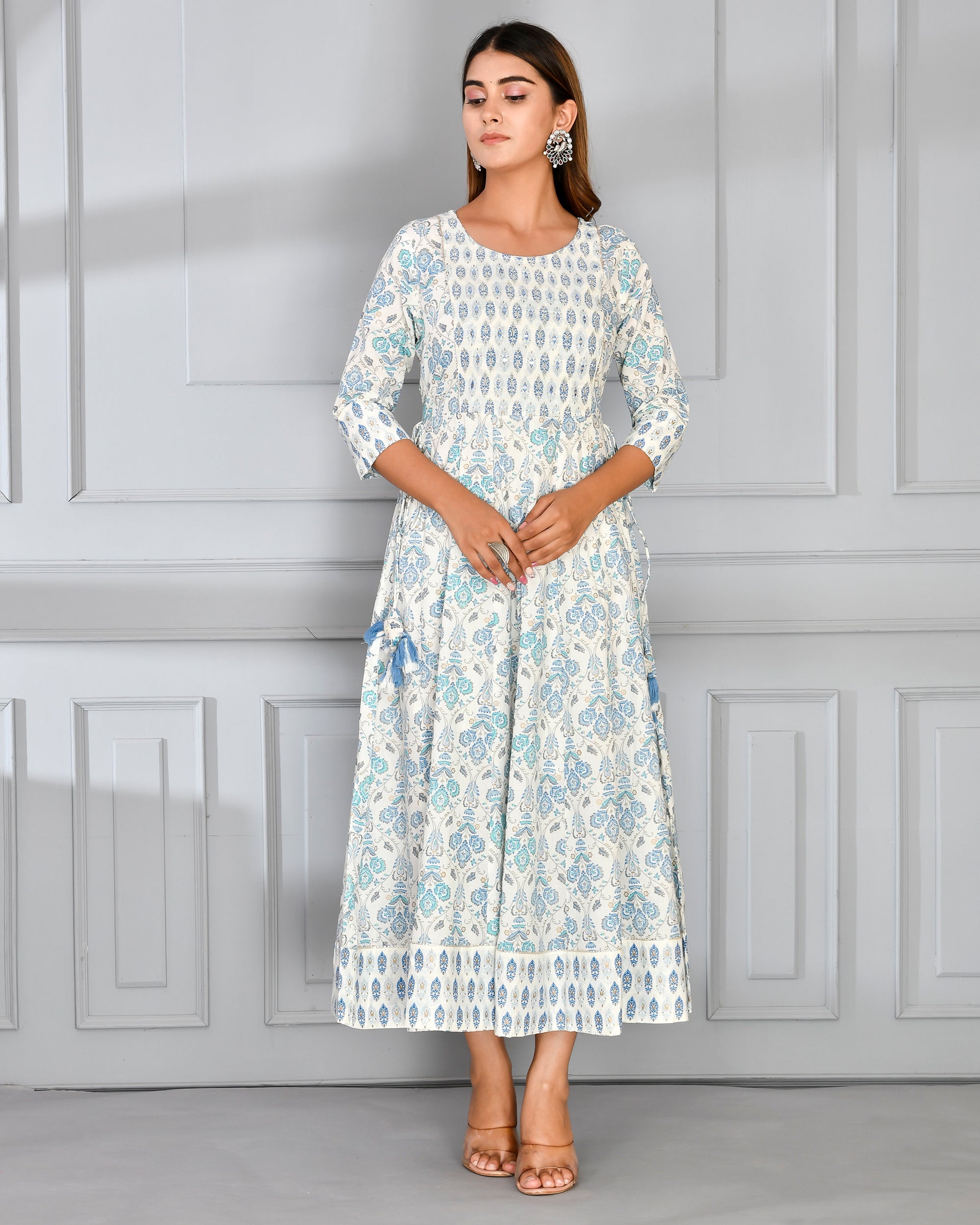 Cotton Anarkali dress with embroidery along dupatta Blue