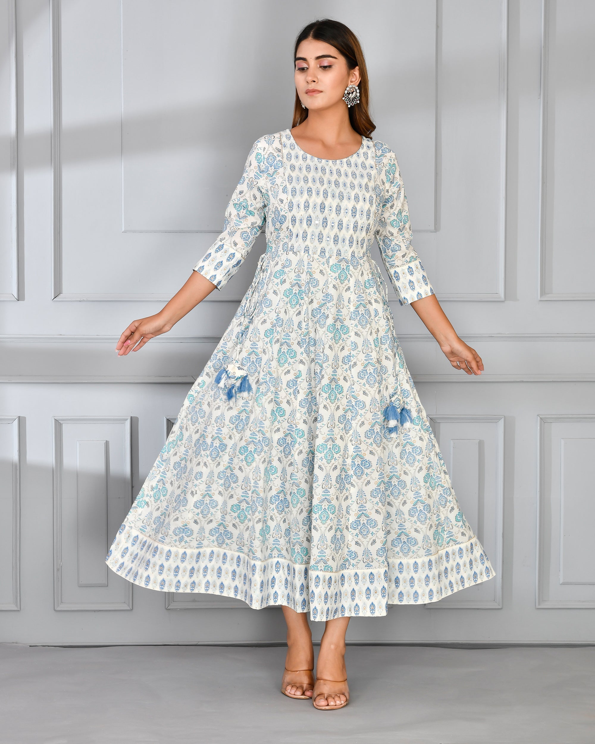 Cotton Anarkali dress with embroidery along dupatta Blue