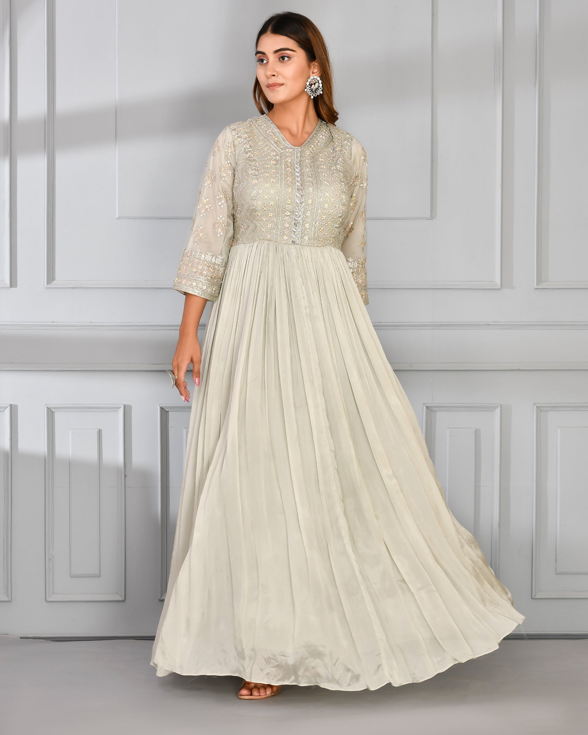 Chinnon Embroidered Long Gown with Dupatta - The Jaipur Studio