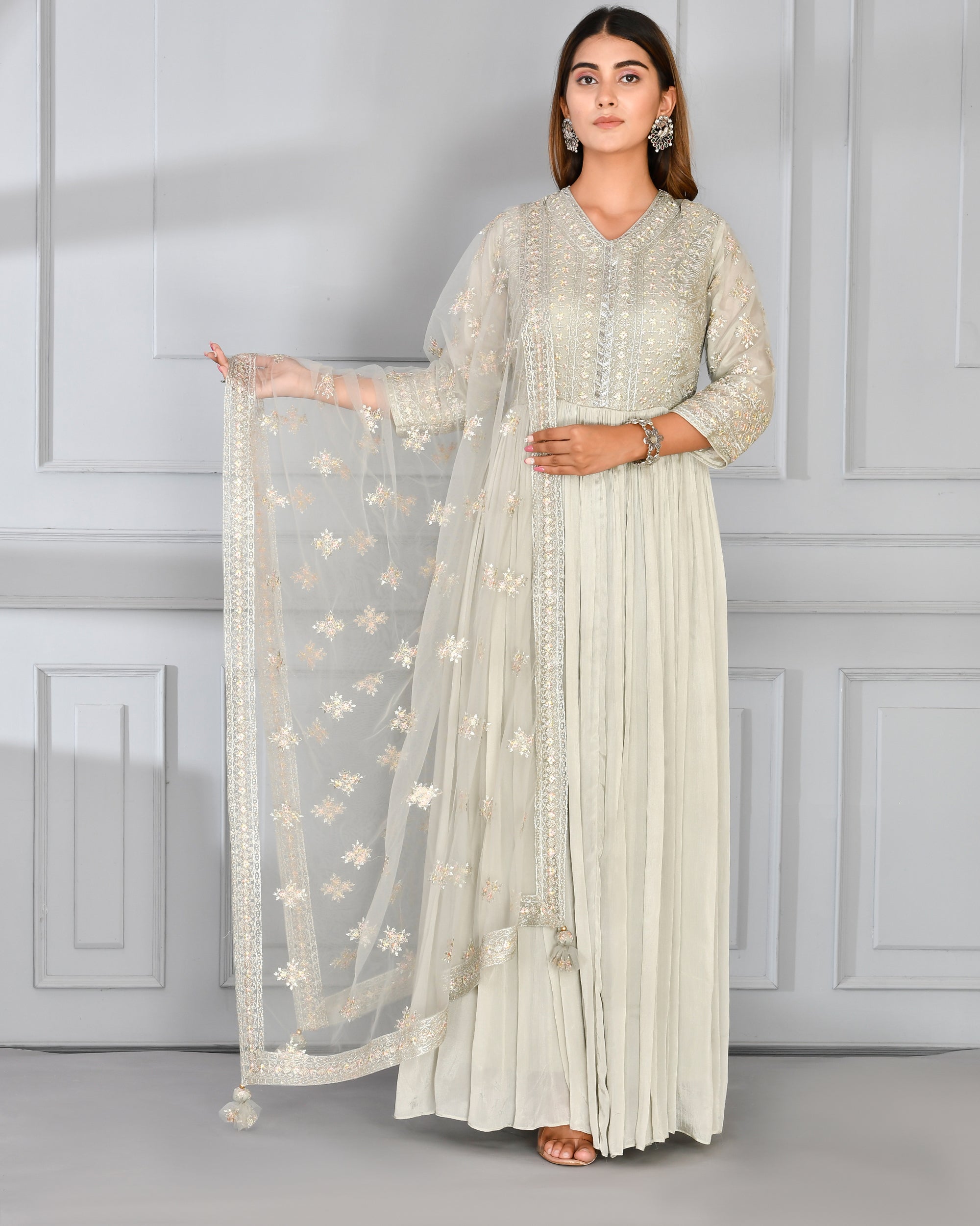 Chinnon Embroidered Long Gown with Dupatta - The Jaipur Studio