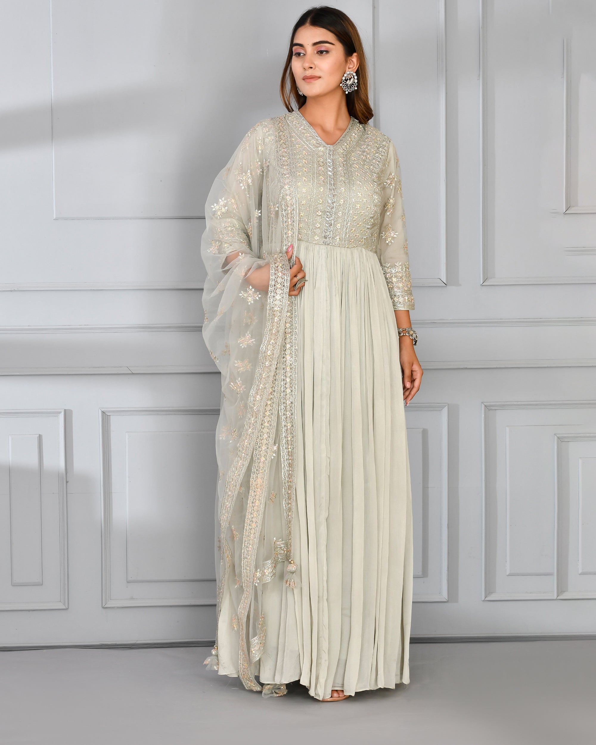 Chinnon Embroidered Long Gown with Dupatta - The Jaipur Studio