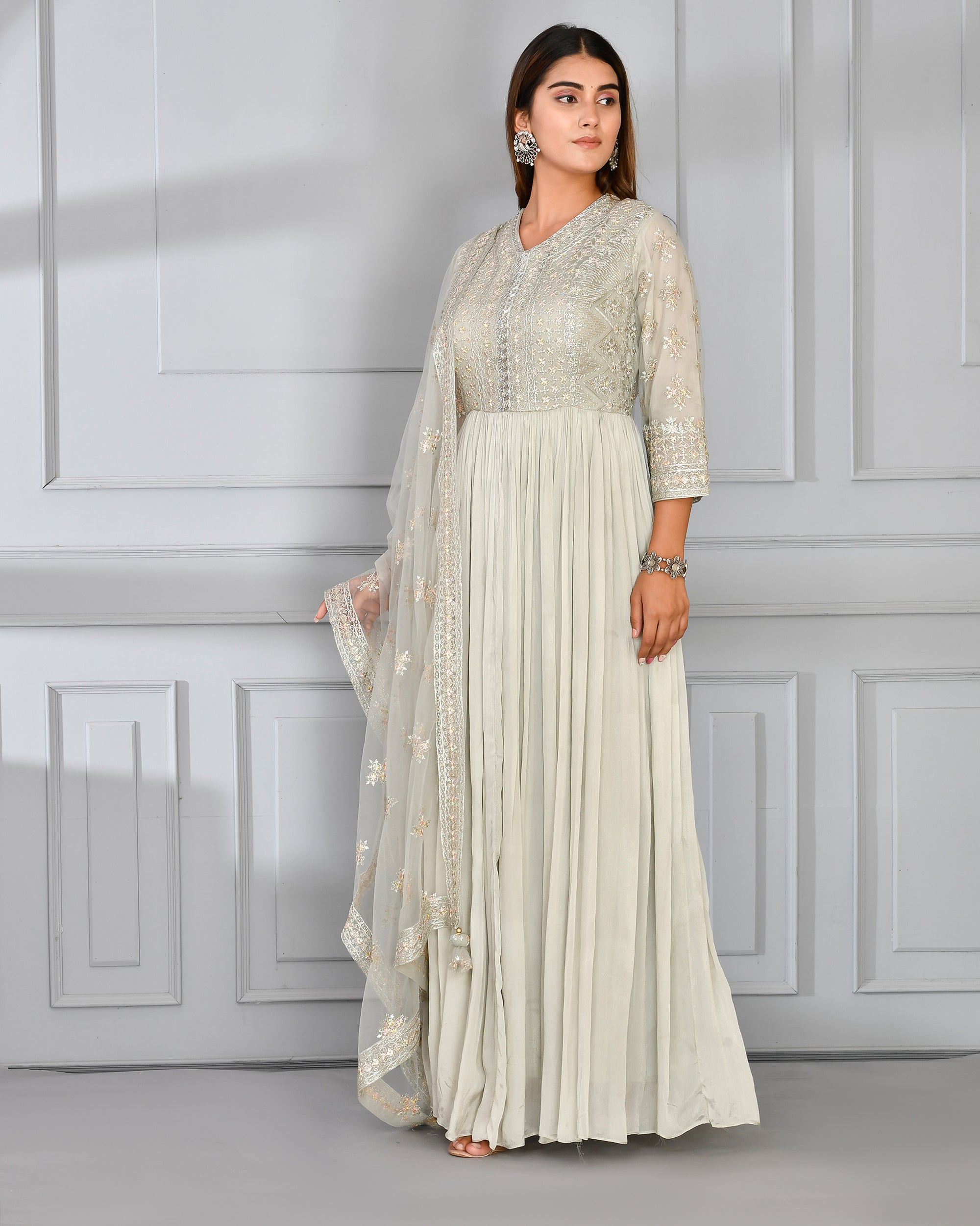 Chinnon Embroidered Long Gown with Dupatta - The Jaipur Studio