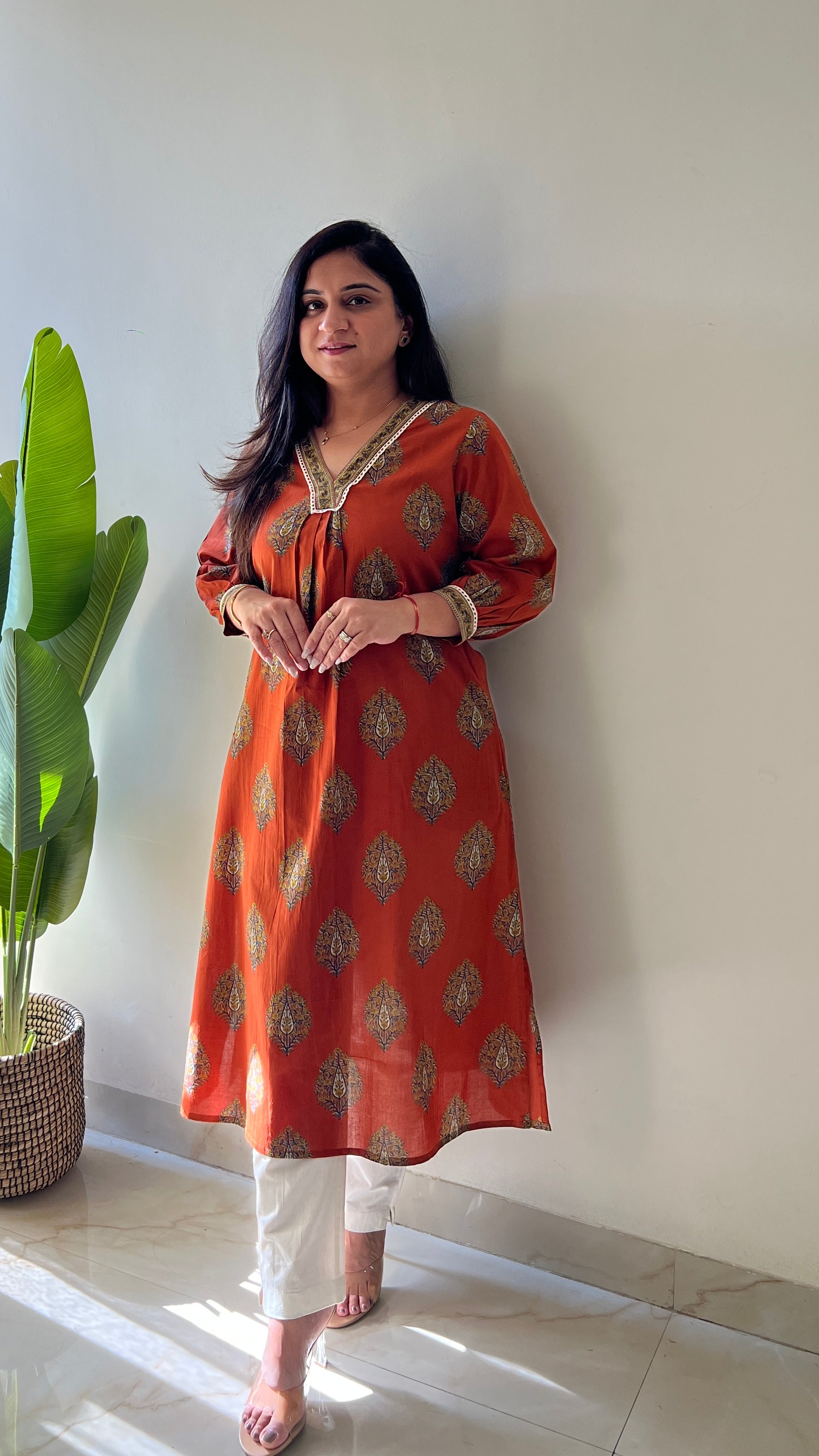 Rust Cotton A-line Casual Kurta