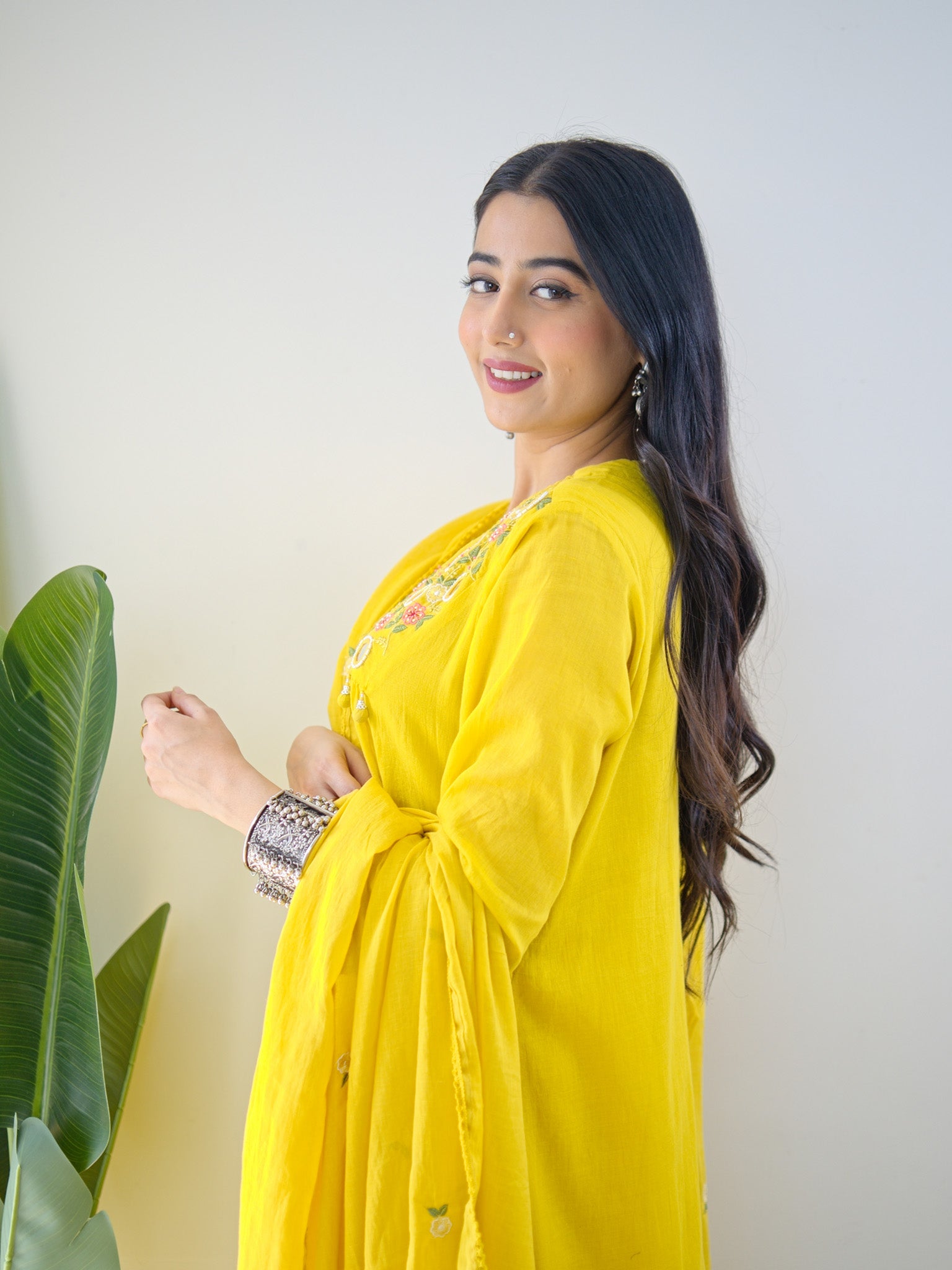 Samya Yellow MulCotton HandEmbroidered A-line Pant Set - The Jaipur Studio