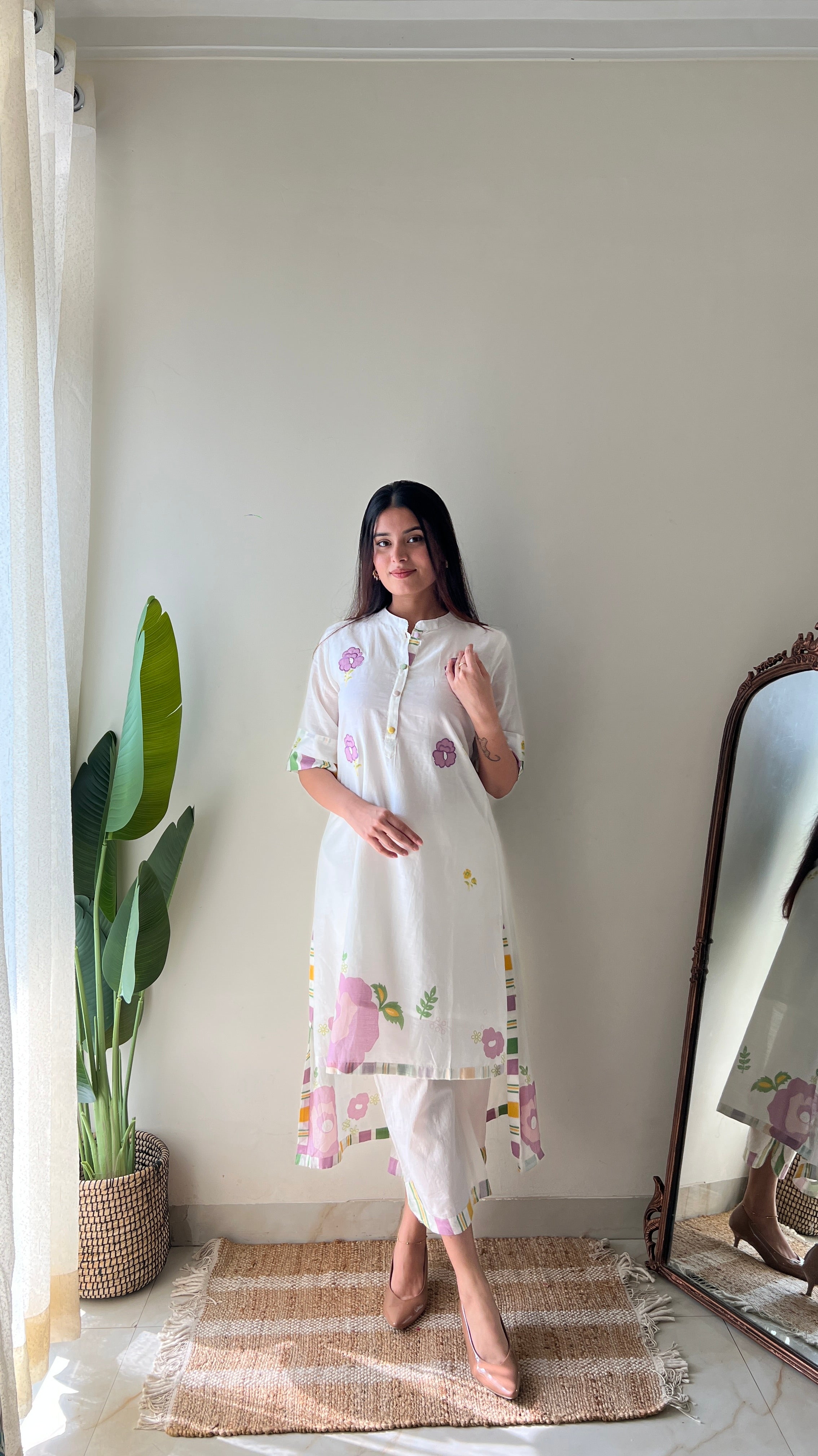Jeena Mul Cotton Embroidered High Low Coord Set