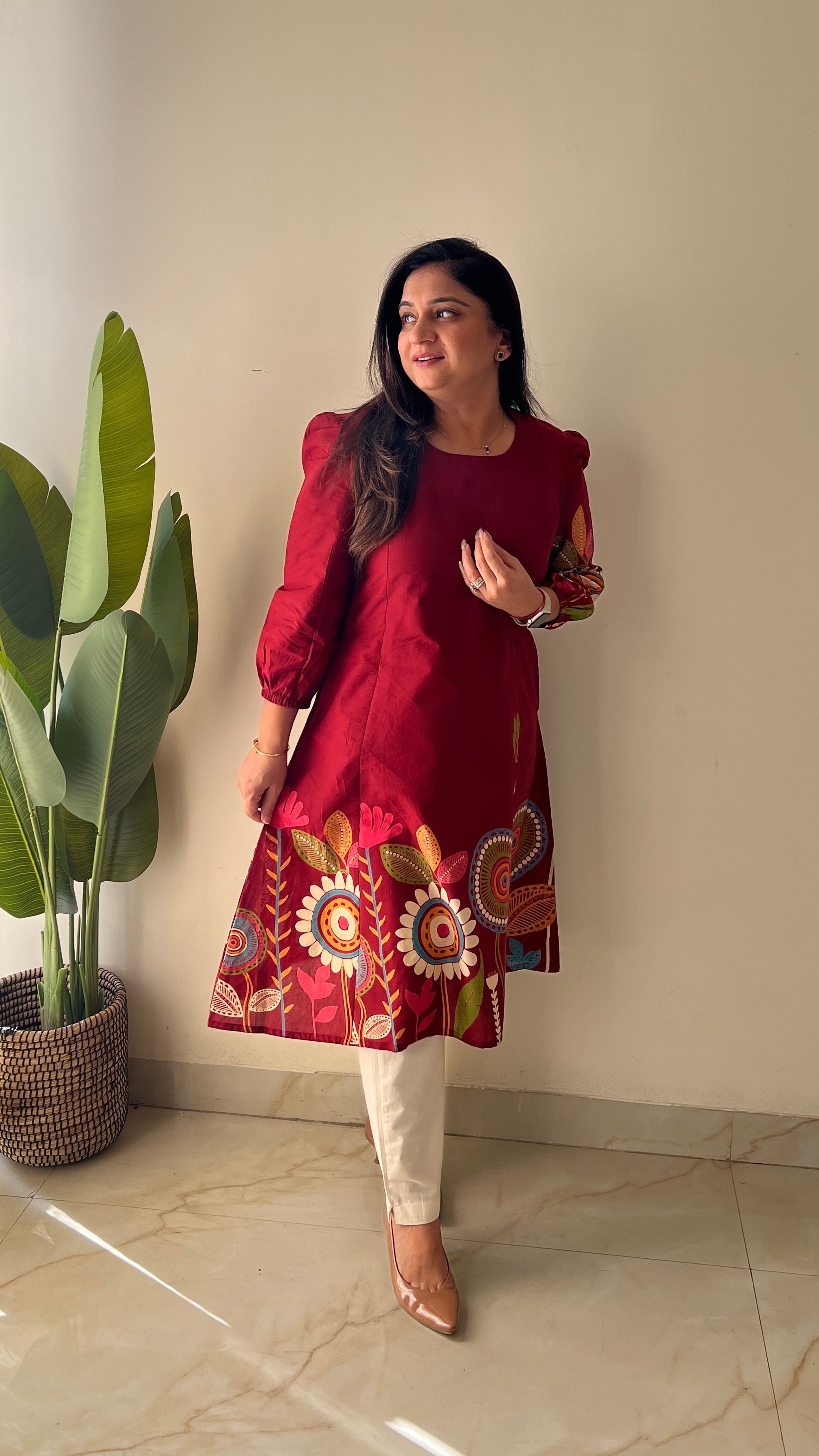 Red Cotton Floral A-line Kurta