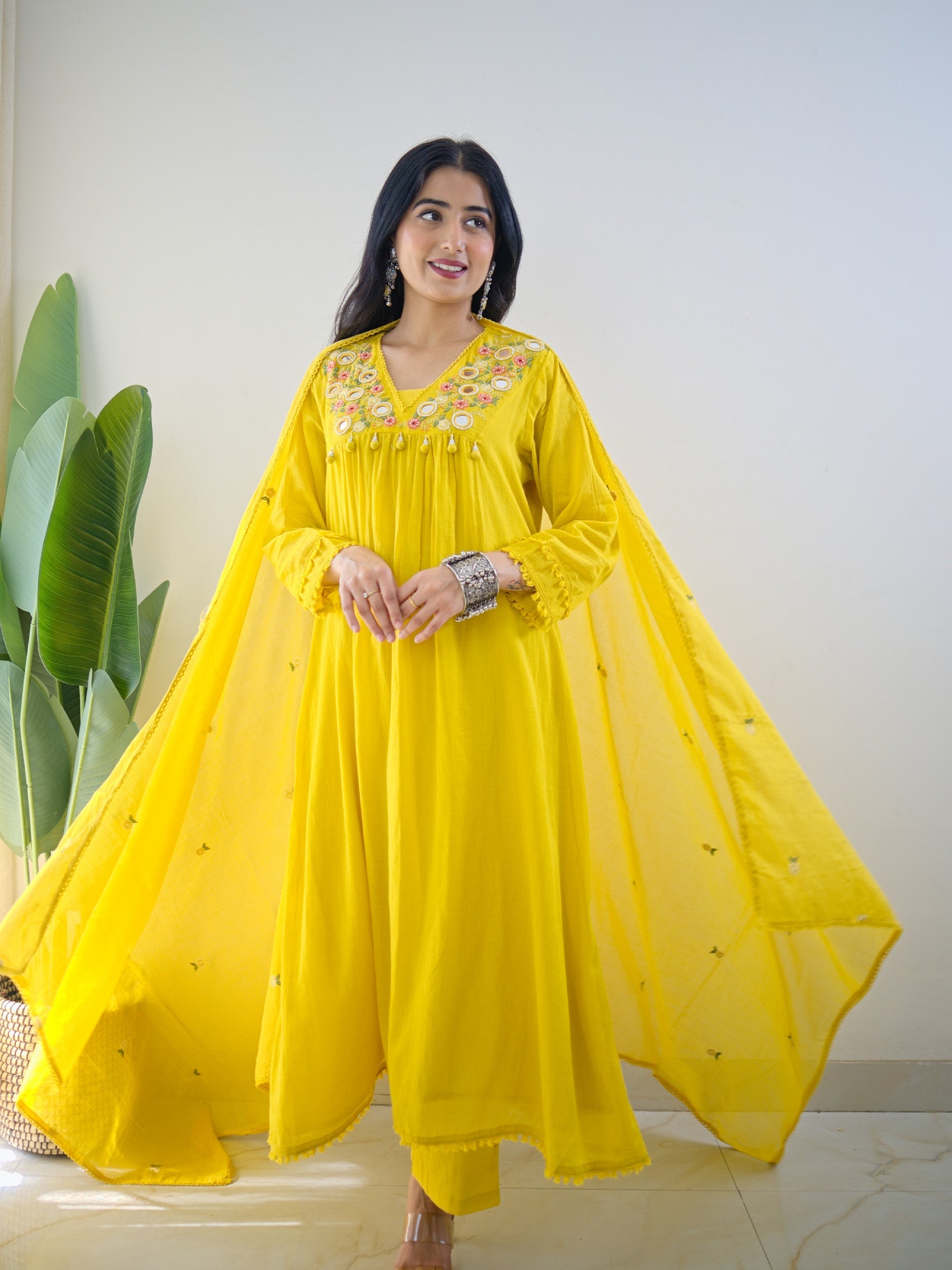 Samya Yellow MulCotton HandEmbroidered A-line Pant Set - The Jaipur Studio
