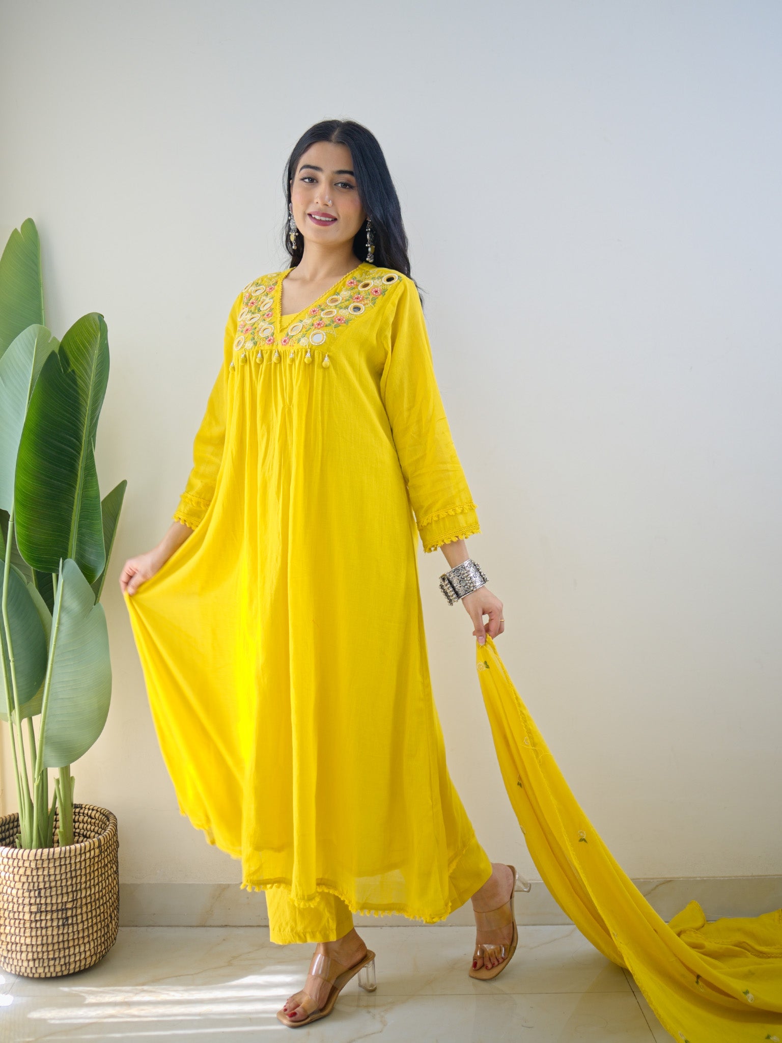 Samya Yellow MulCotton HandEmbroidered A-line Pant Set - The Jaipur Studio