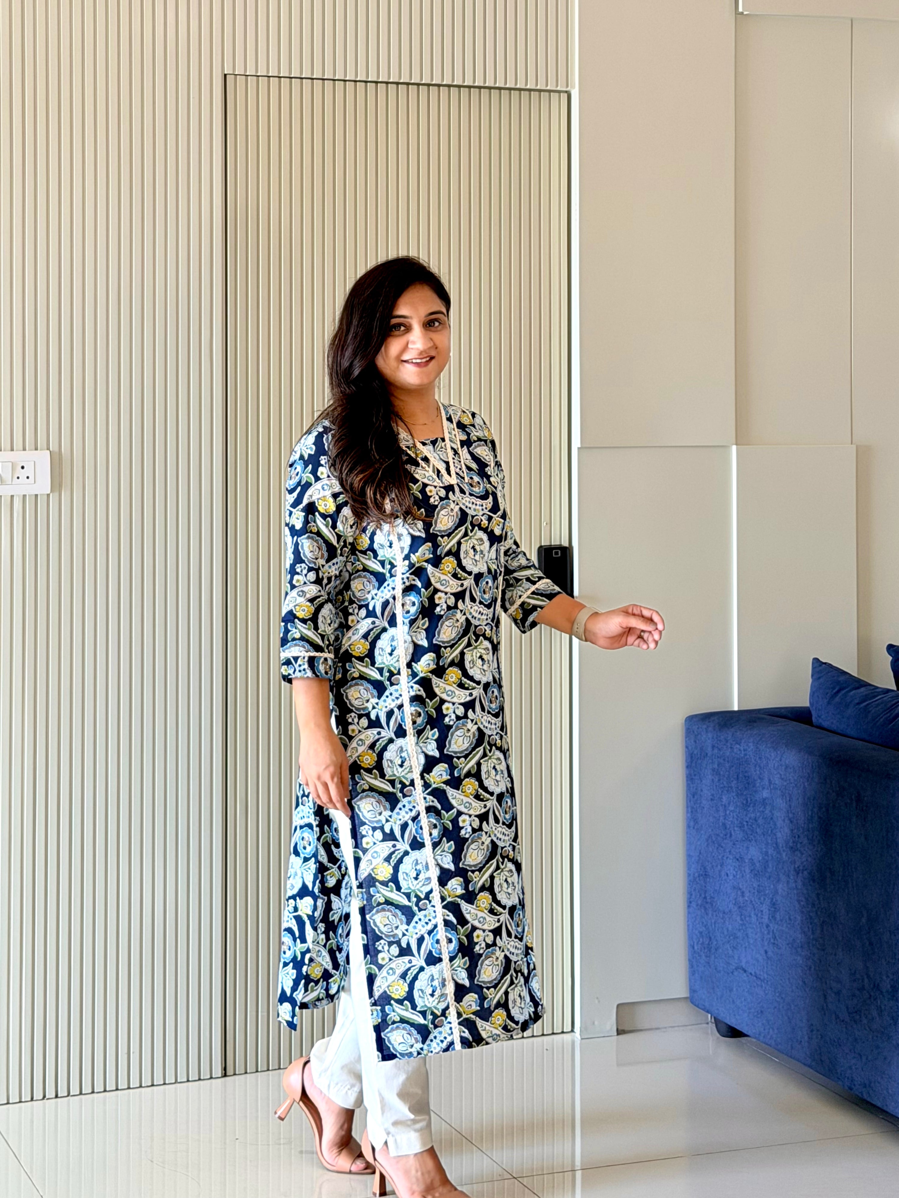 Fariha Navy Blue Cotton Floral Casual Straight Kurta