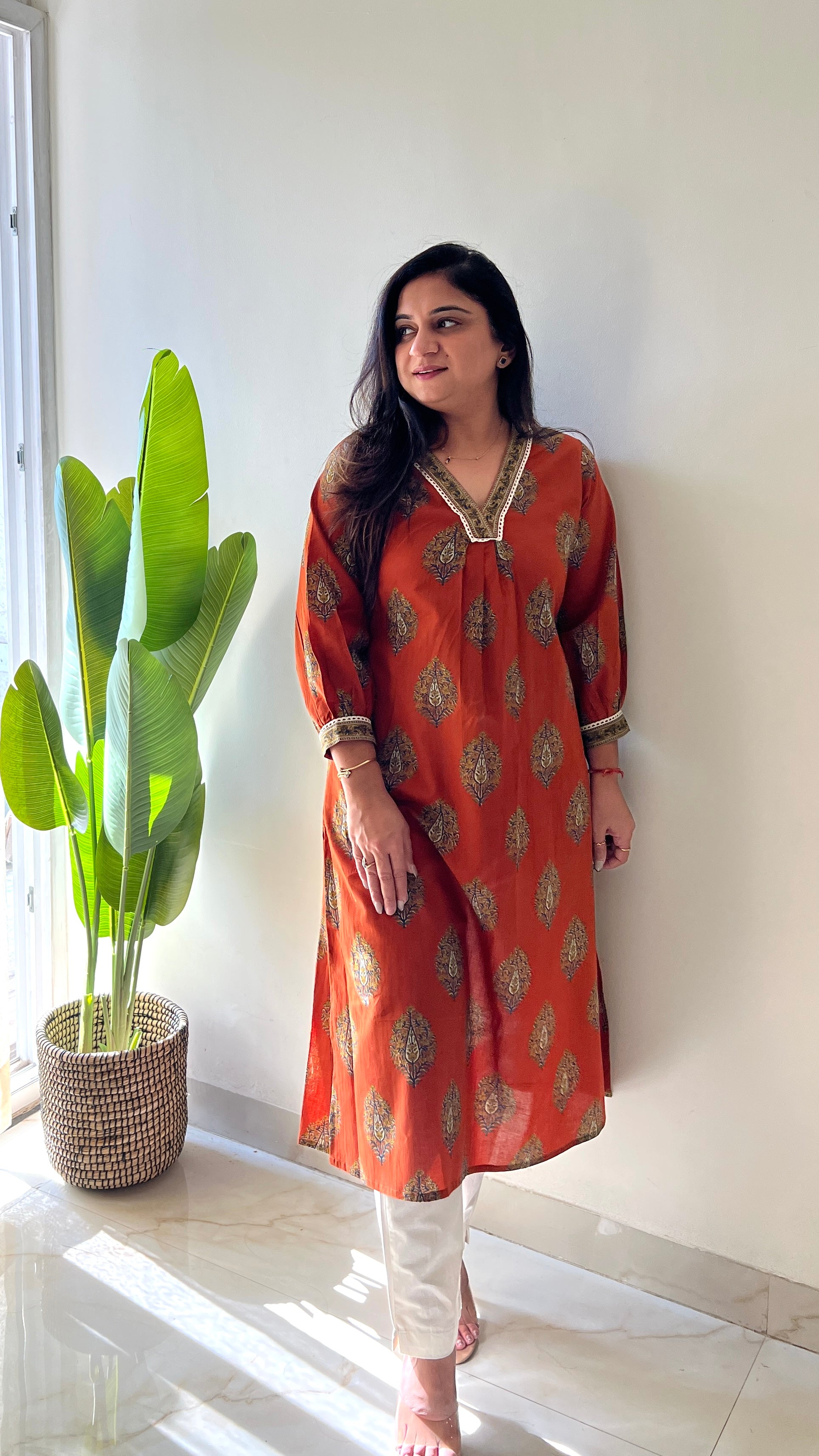 Rust Cotton A-line Casual Kurta