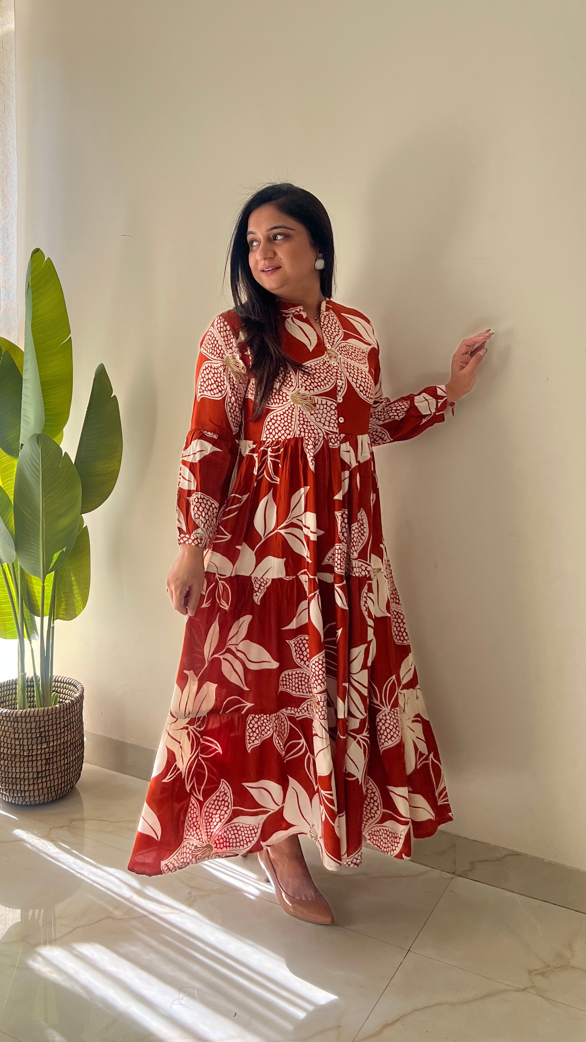 Sarfa Rust Crystal Muslin Casual Long Dress